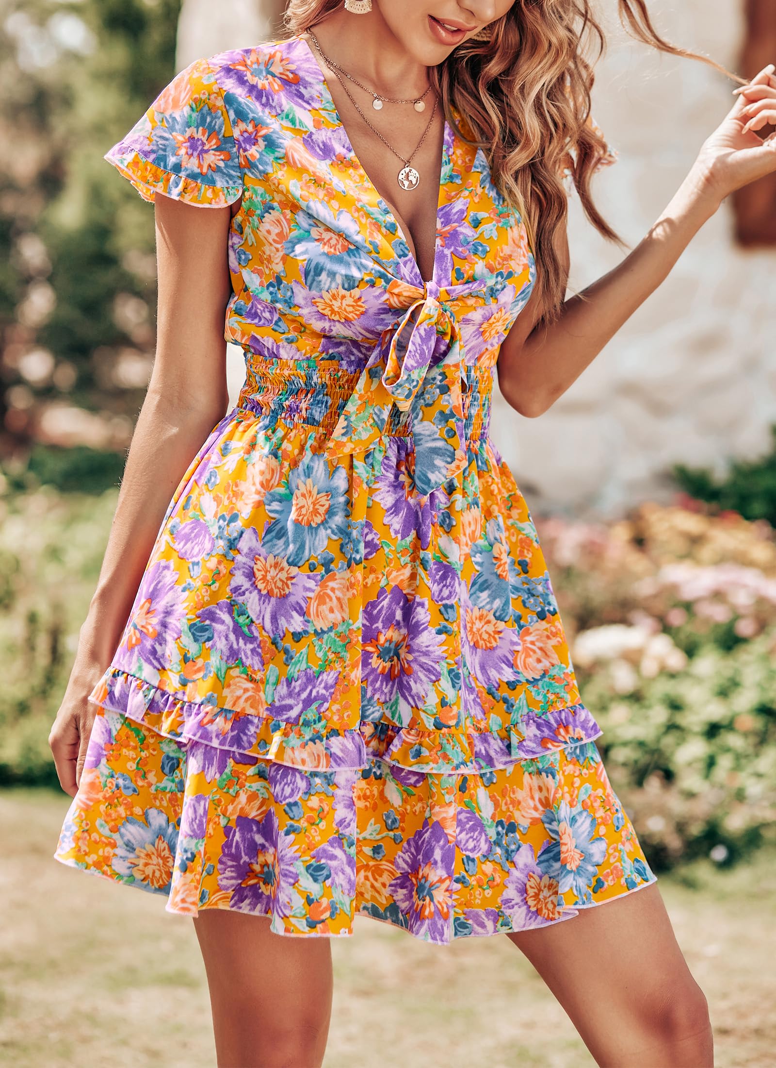 Women's Boho Floral Mini Tiered Bow Dress, Floral Orange,M