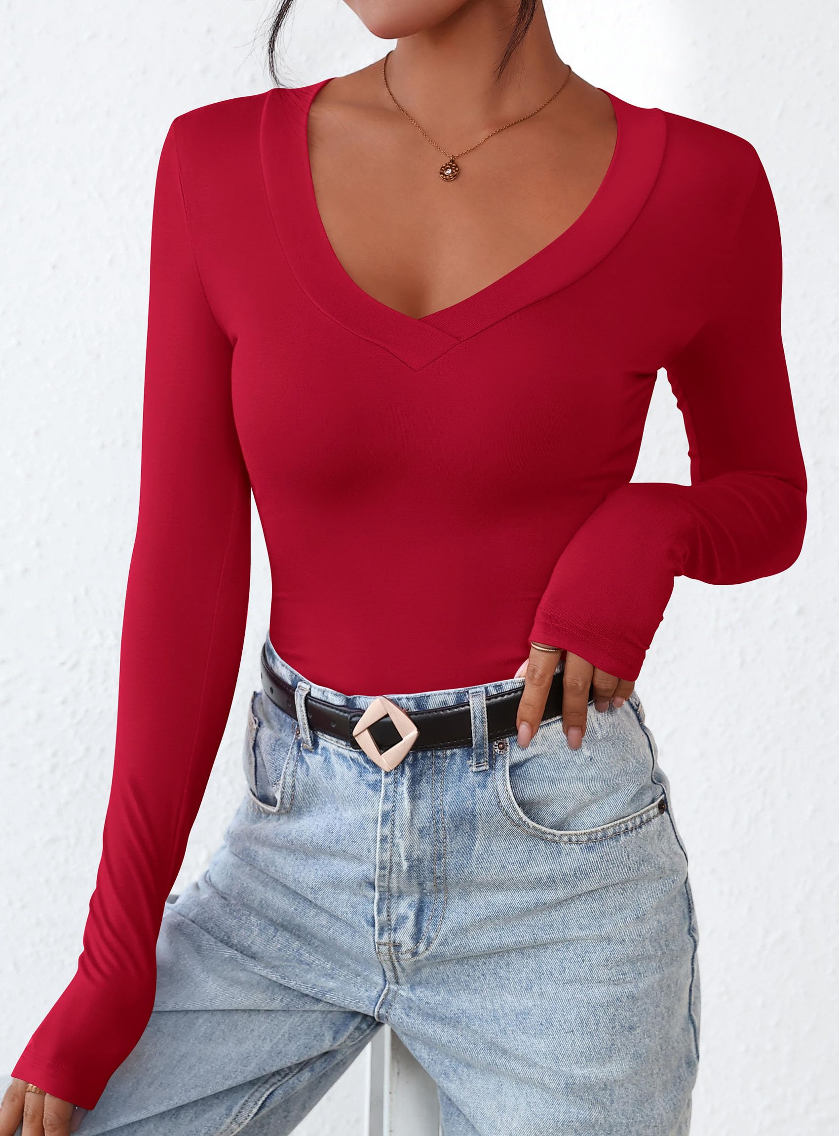 Women's V Neck Long Sleeve Shirts,Red,X-S