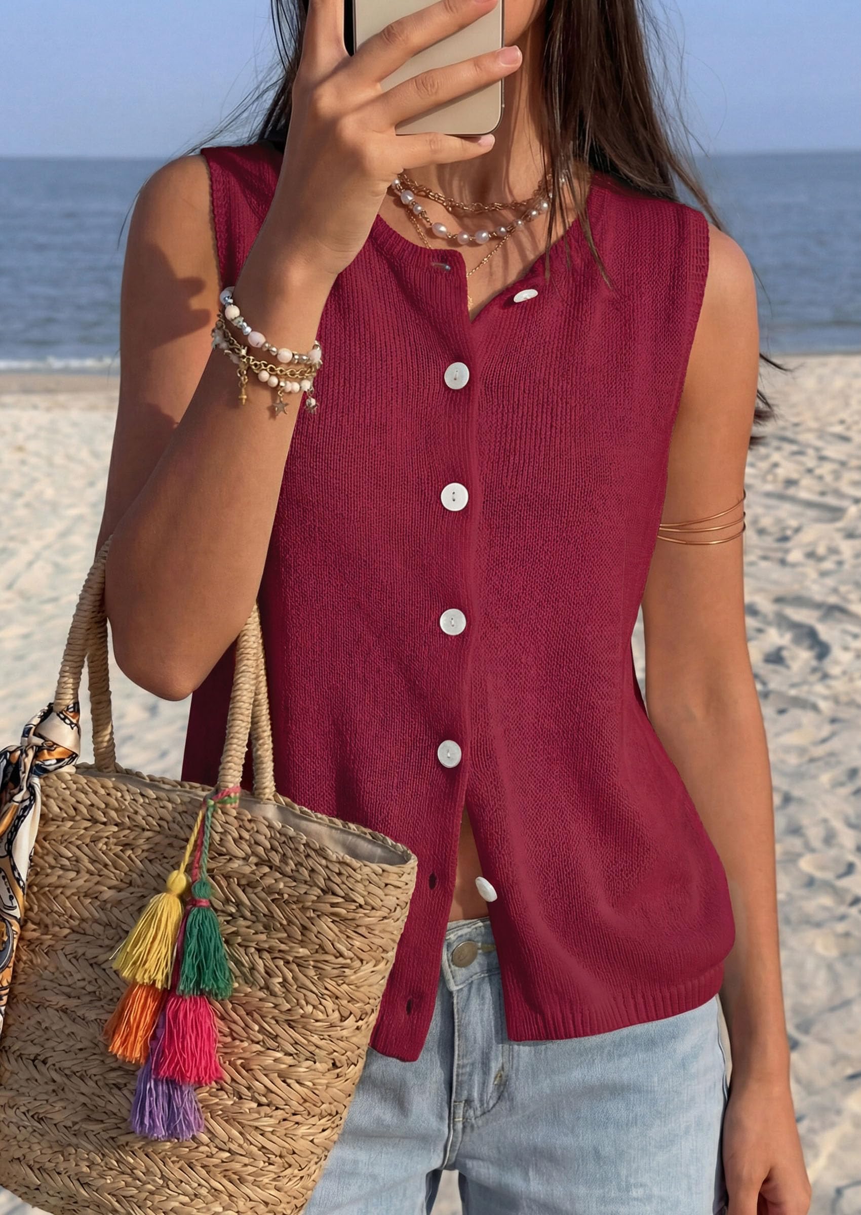 Women's Summer Button Up Sweater Vest Tops,Burgundy,S