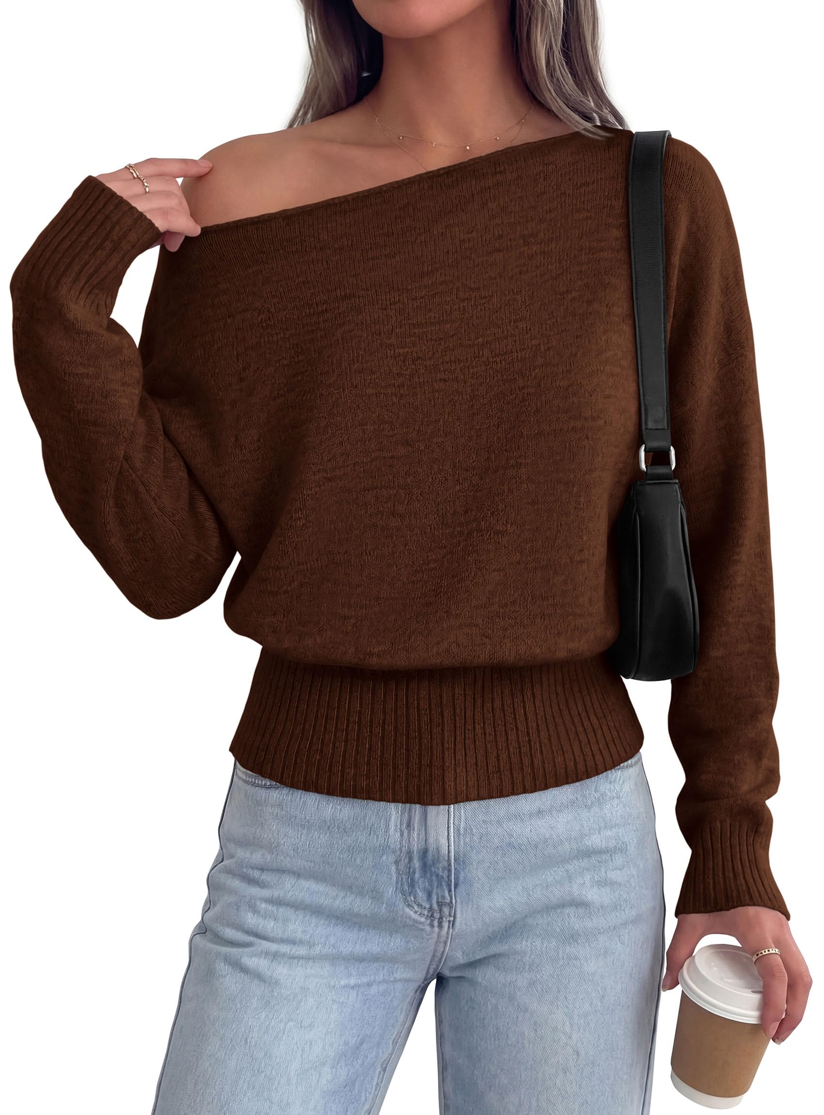 Womens Off The Shoulder Sweater Fall Fashion,Brown,S