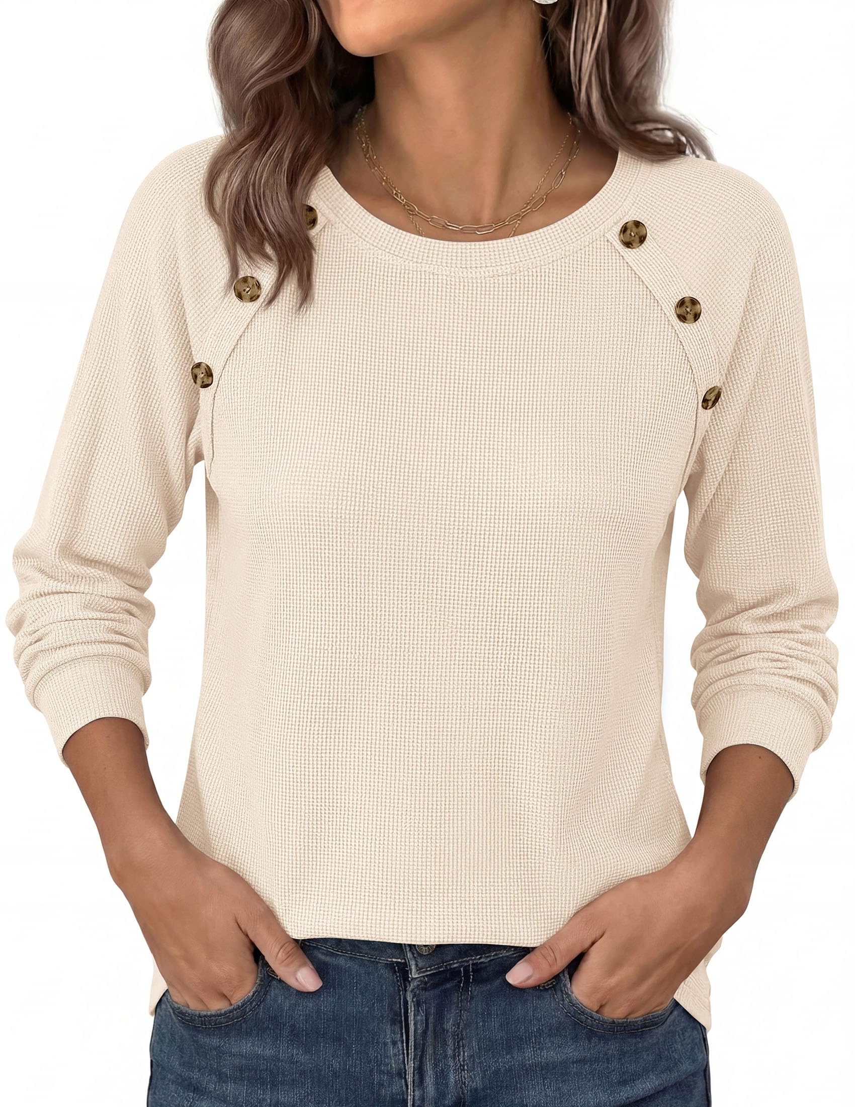 Fall Long Sleeve Waffle Knit Shirts for Women Loose Tunic Tops