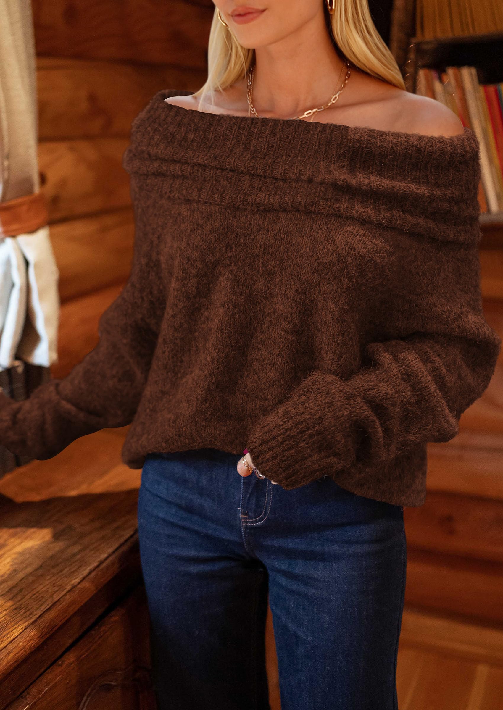 Women's Fall Off The Shoulder Sweater,Coffee,S