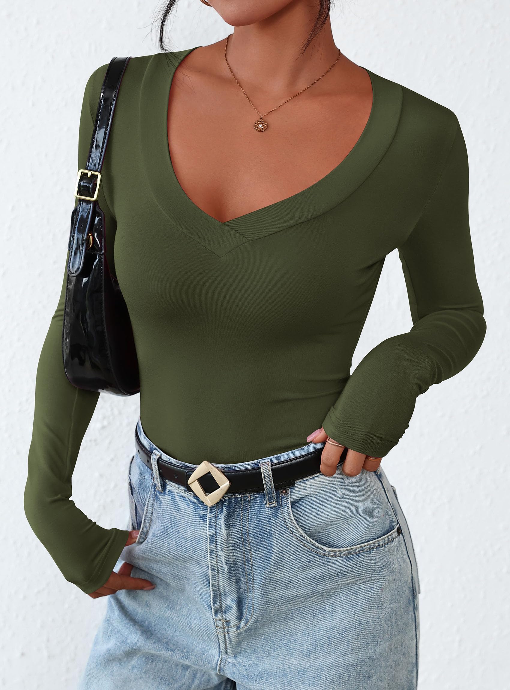 Women's V Neck Long Sleeve Shirts,Army Green,X-S