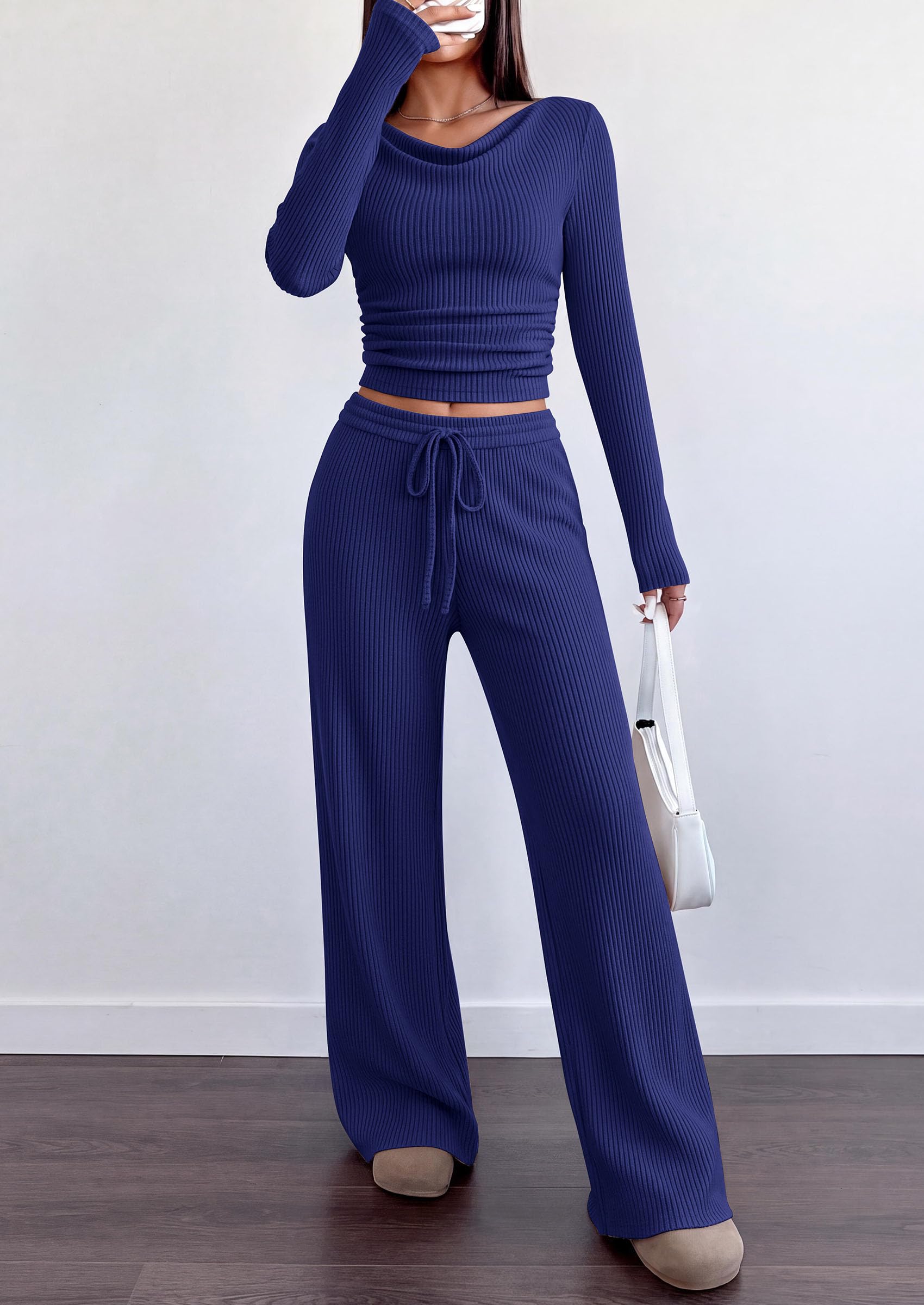 Matching Sets Women Clothing Fall Ribbed 2 Piece Lounge Set