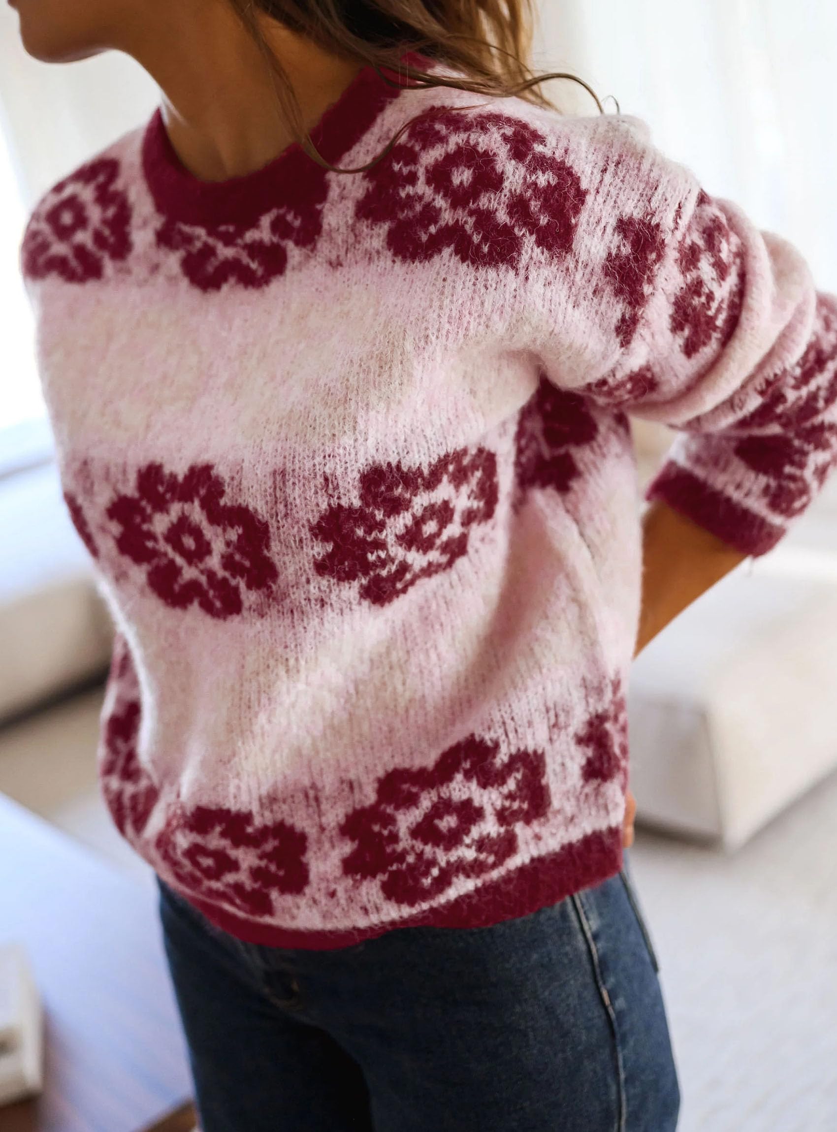 Women's Floral Crewneck Sweater Knit Pullover,Wine Red,L