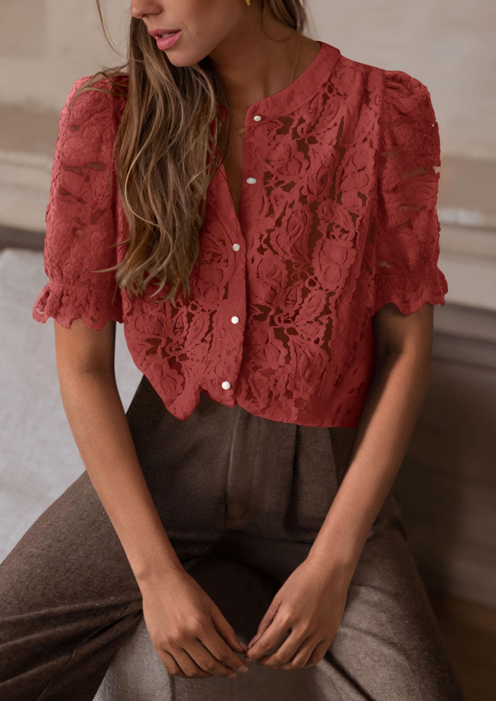 Womens Lace Tops Button Down Short Sleeve Shirts,Brown Red,S