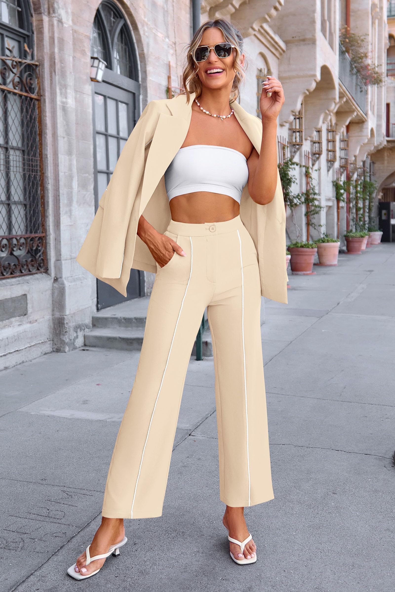 Women's 2 Piece Blazer Business Casual Outfits(Beige,S)