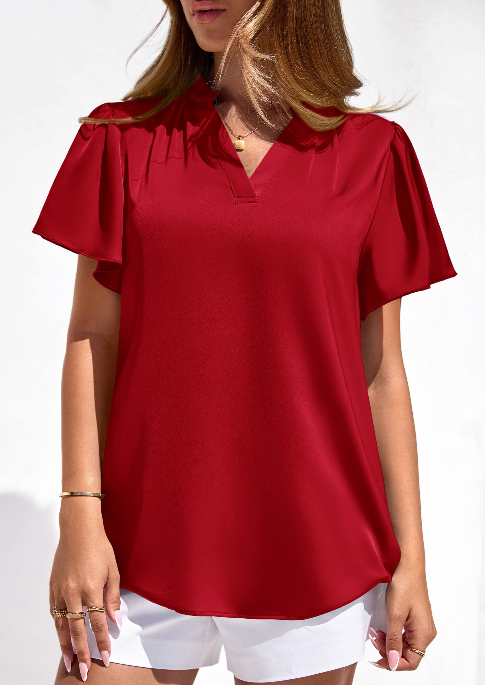 Women's Summer Satin Dressy Casual Blouses (Red,S)