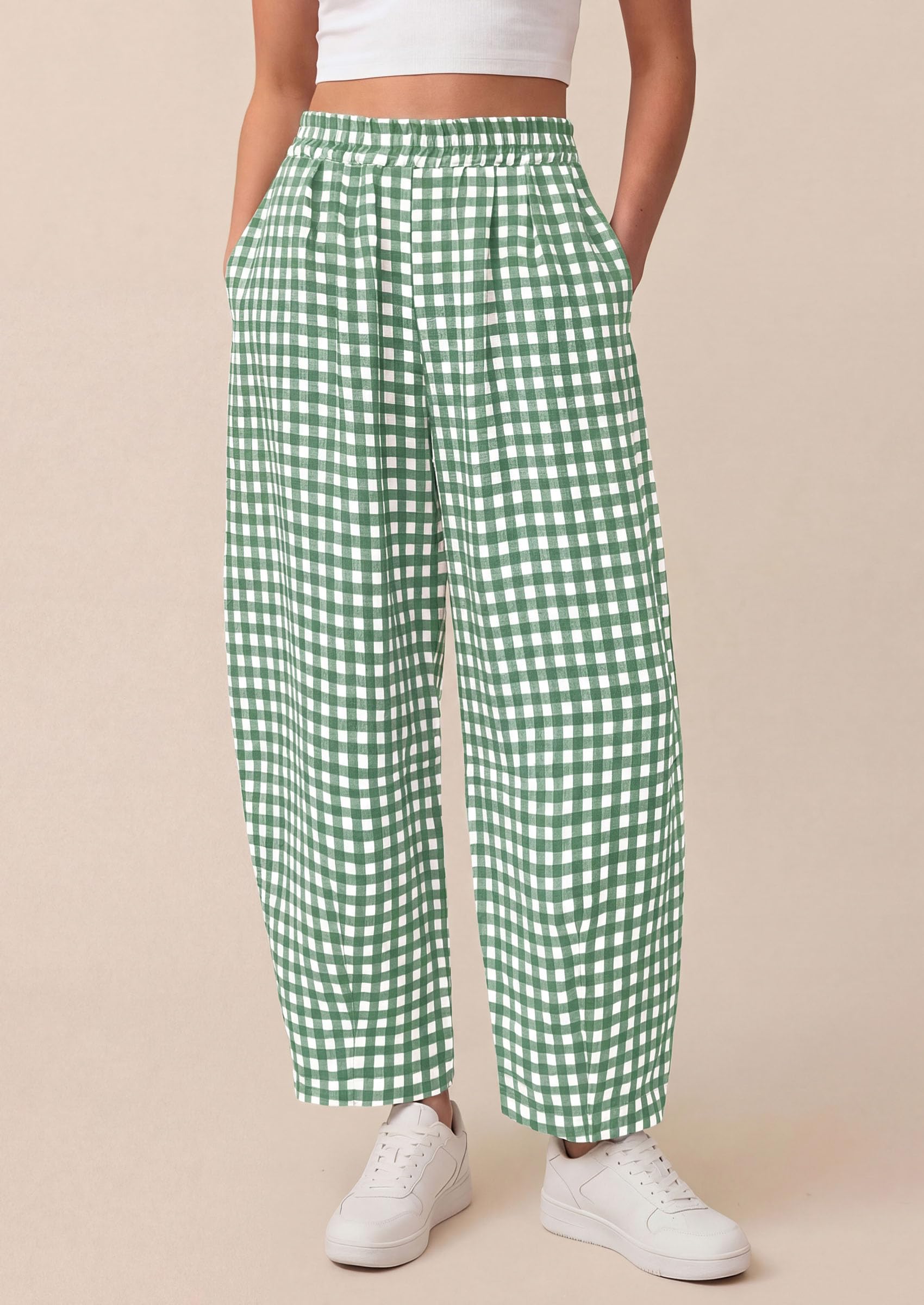 Plaid Barrel Pants Women Summer Bottoms, Green Plaid,S