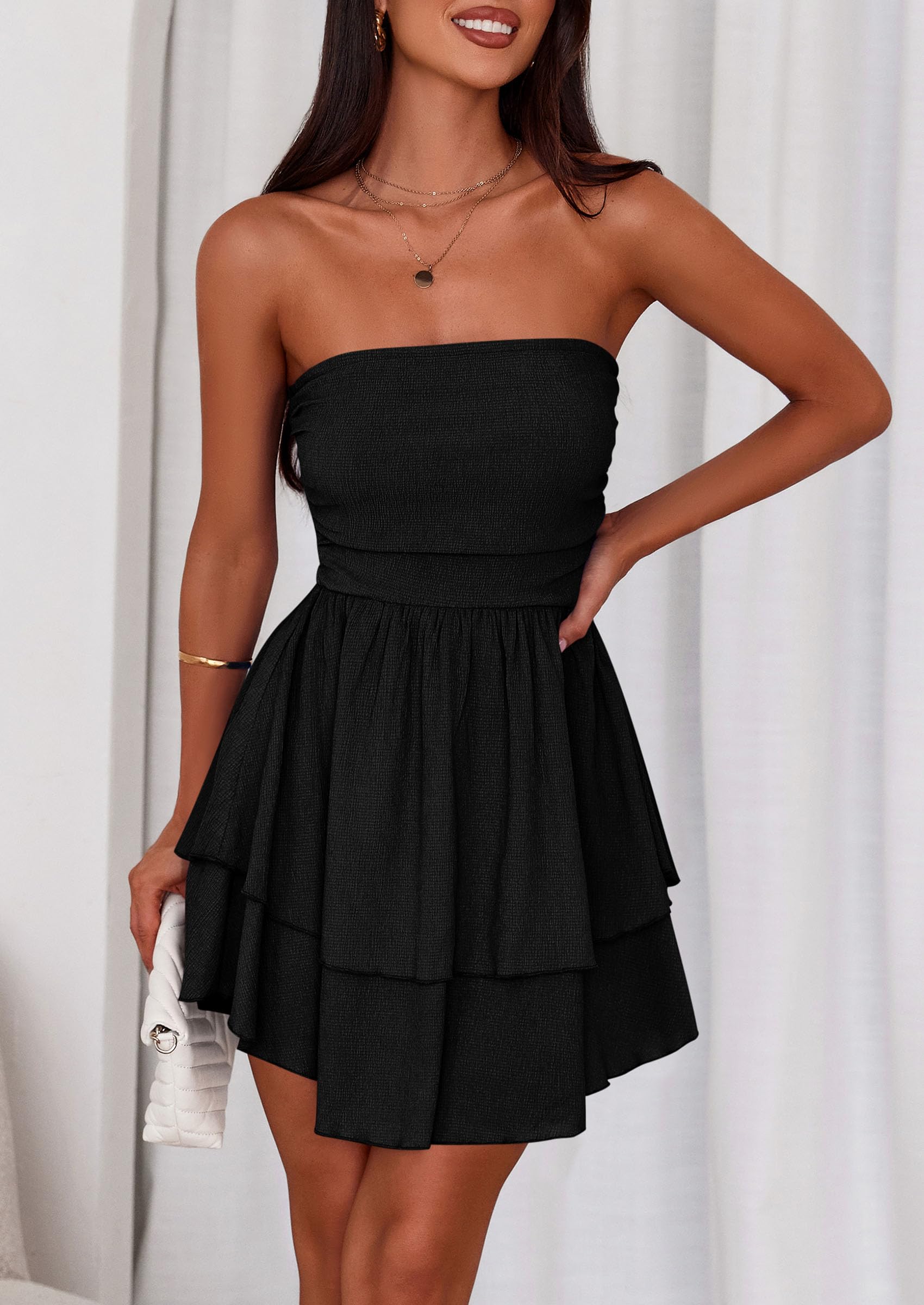 Women's Summer Strapless Flowy Mini Dresses (Black,S)