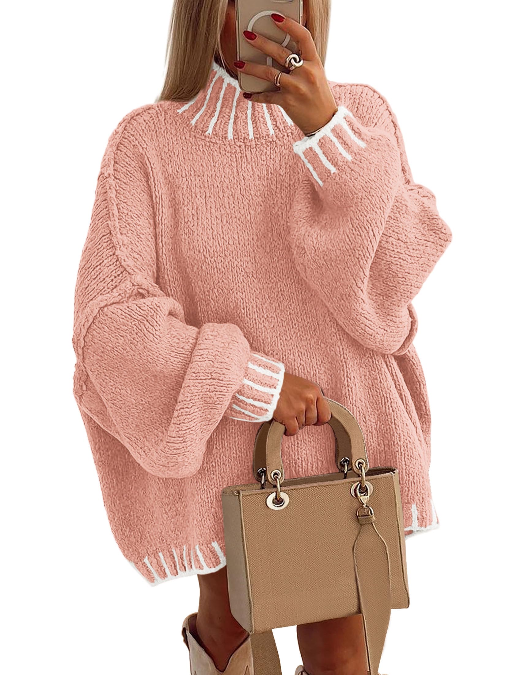 Women's Mock Neck Oversized Pullover Sweaters,Pink,XS