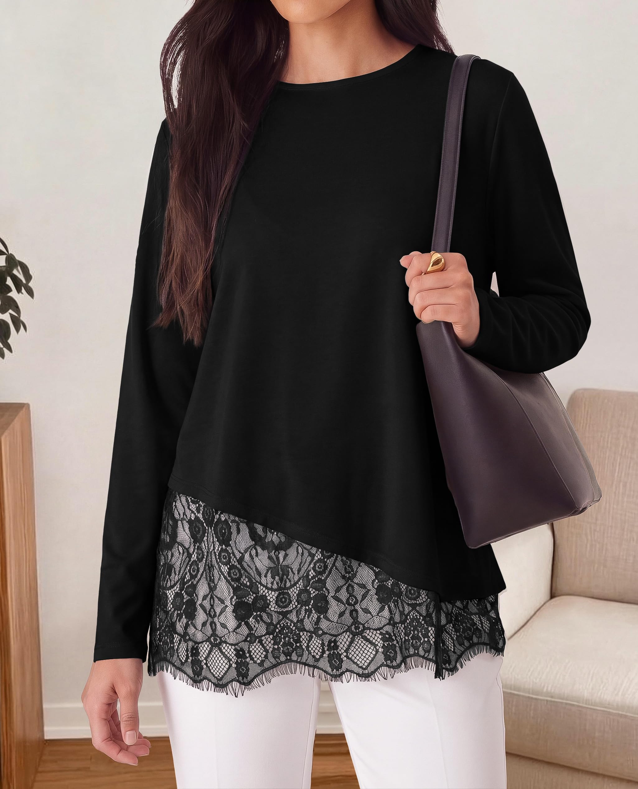 Women's Lace Patchwork Long Sleeve Shirts,Black,S