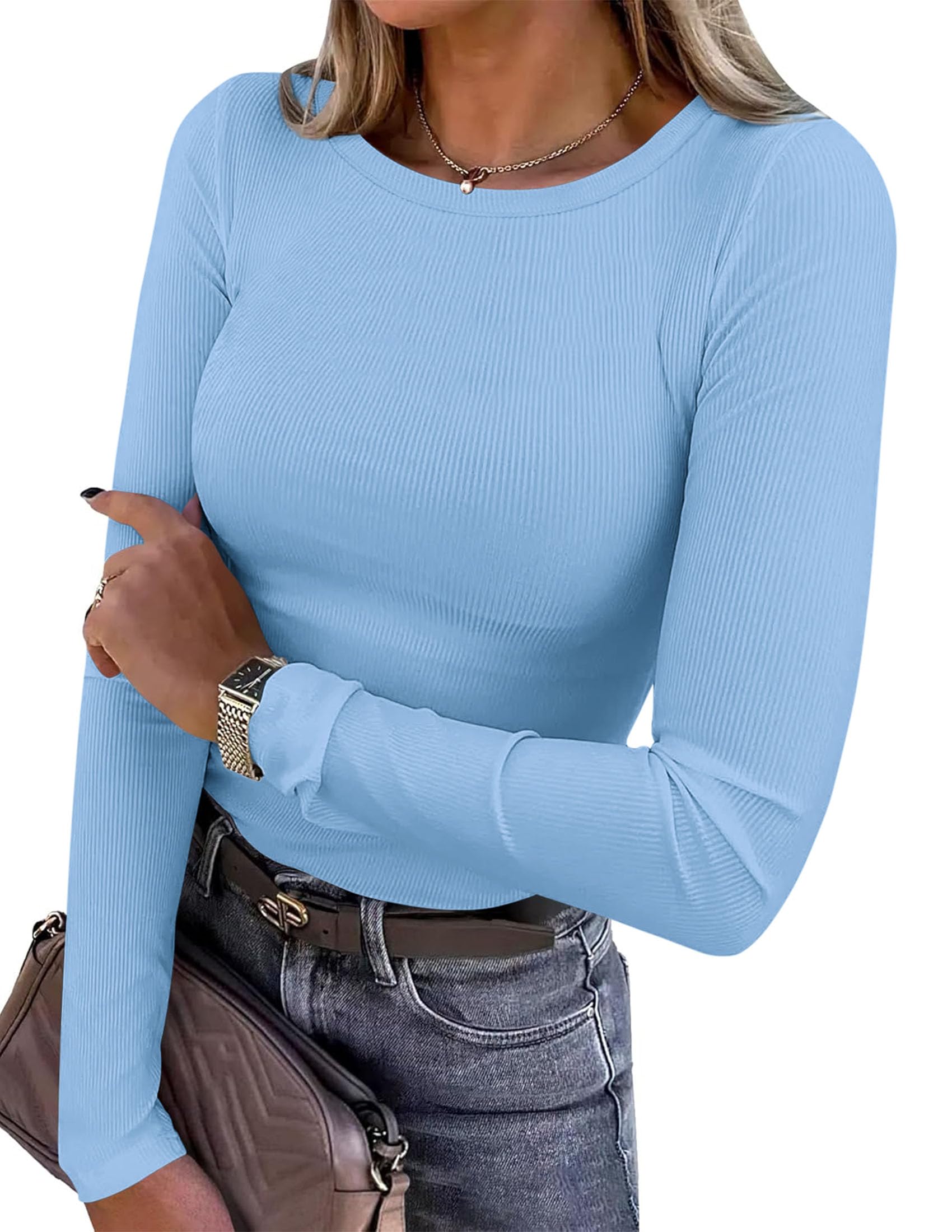 Women's Fall Long Sleeve Shirts Basic Tees (Light Blue,XS)