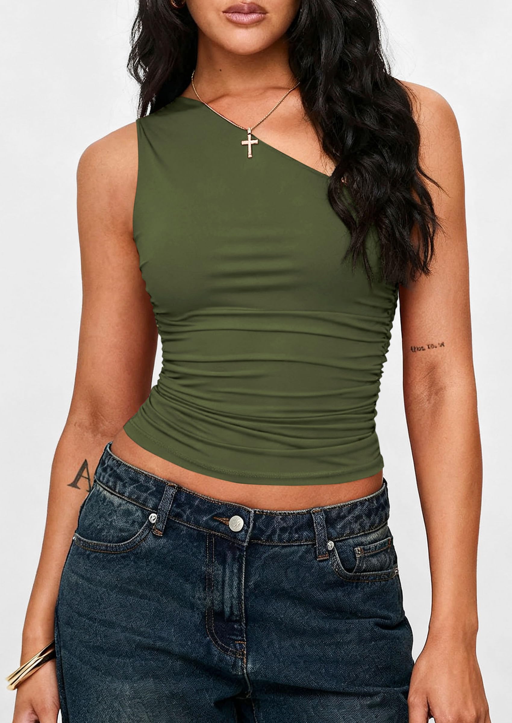 Womens Sleeveless One Shoulder Fitted Y2k Tops,Army Green,XS