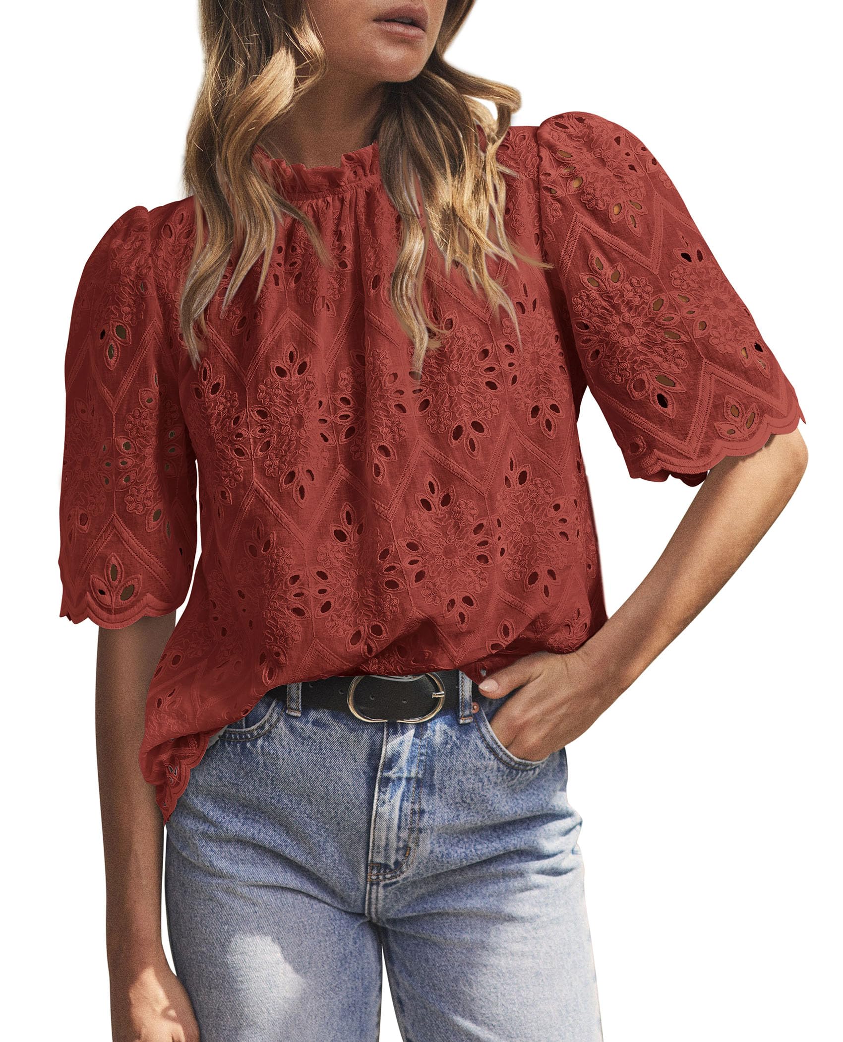 Women Summer Tops Eyelet Embroidered Shirts,Brown Red,XS