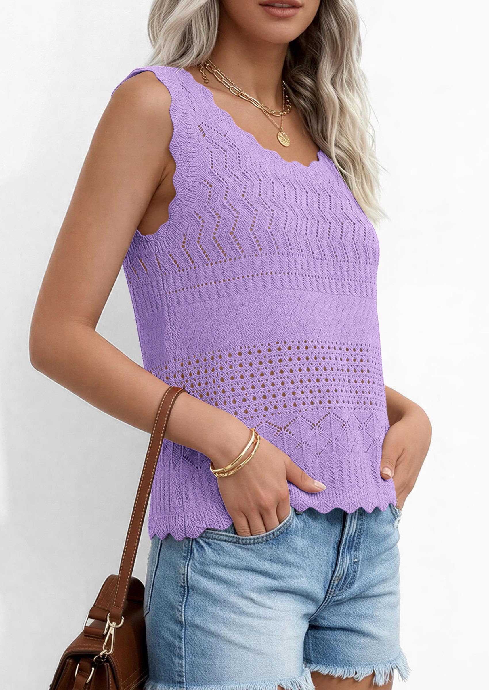 Womens Crochet Tank Tops Knit Sleeveless Vest,Purple,S