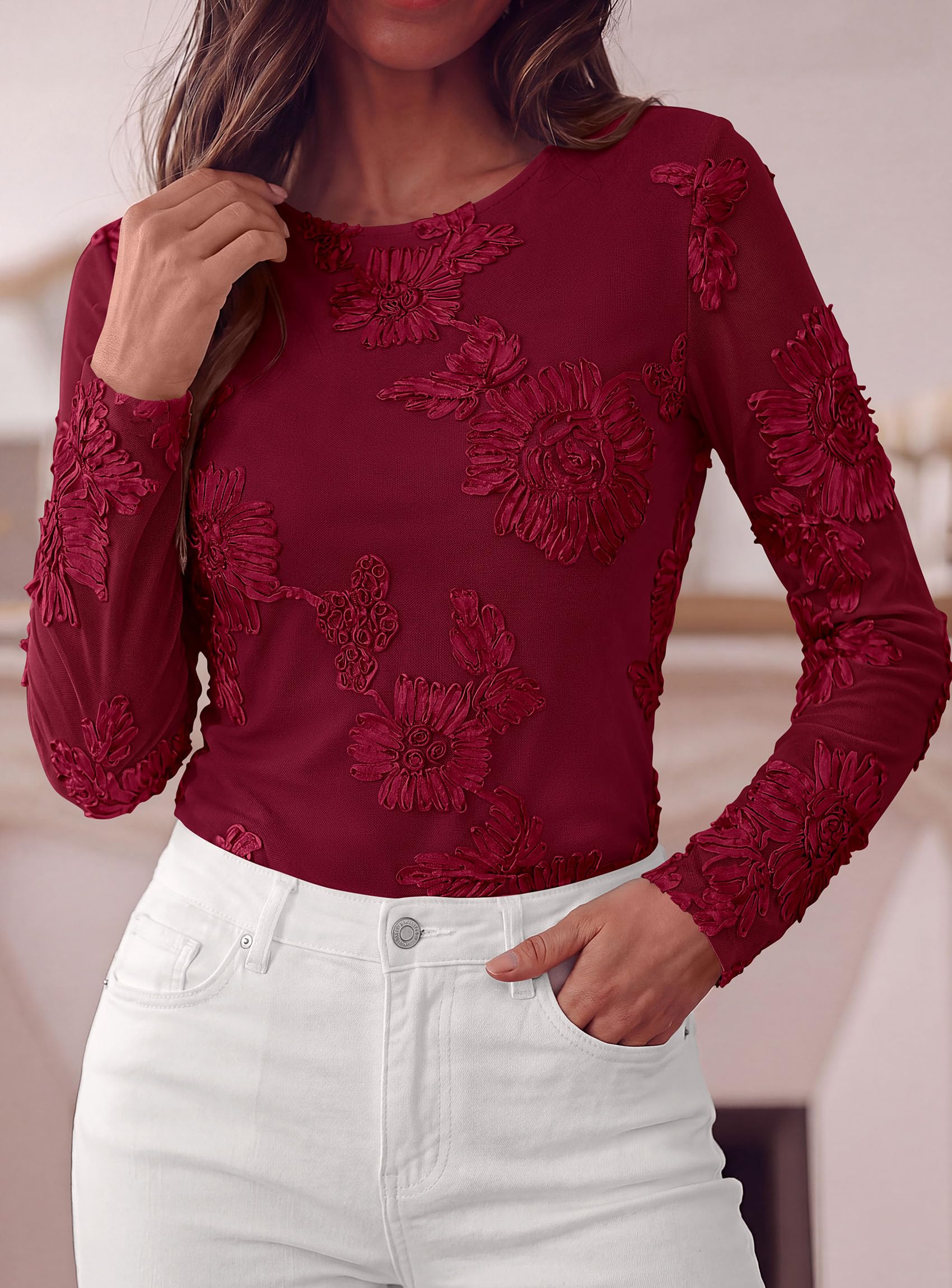 Women's Mesh Long Sleeve Embroidered Floral Tops Fall Blouses