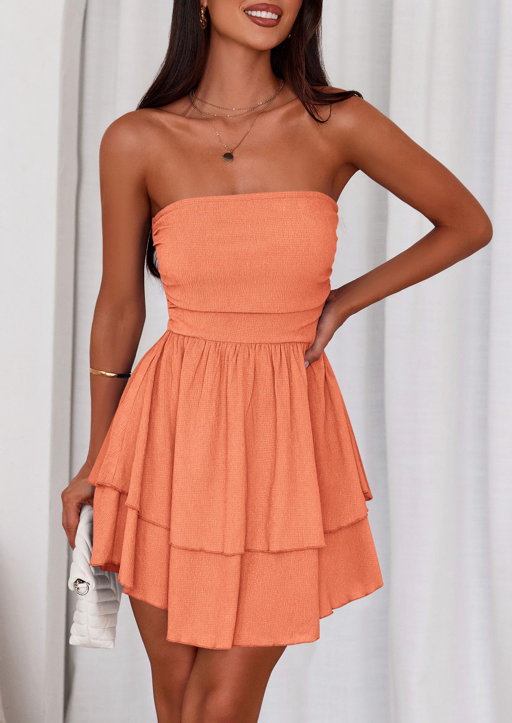 Women's Summer Strapless Flowy Mini Dresses (Orange,S)