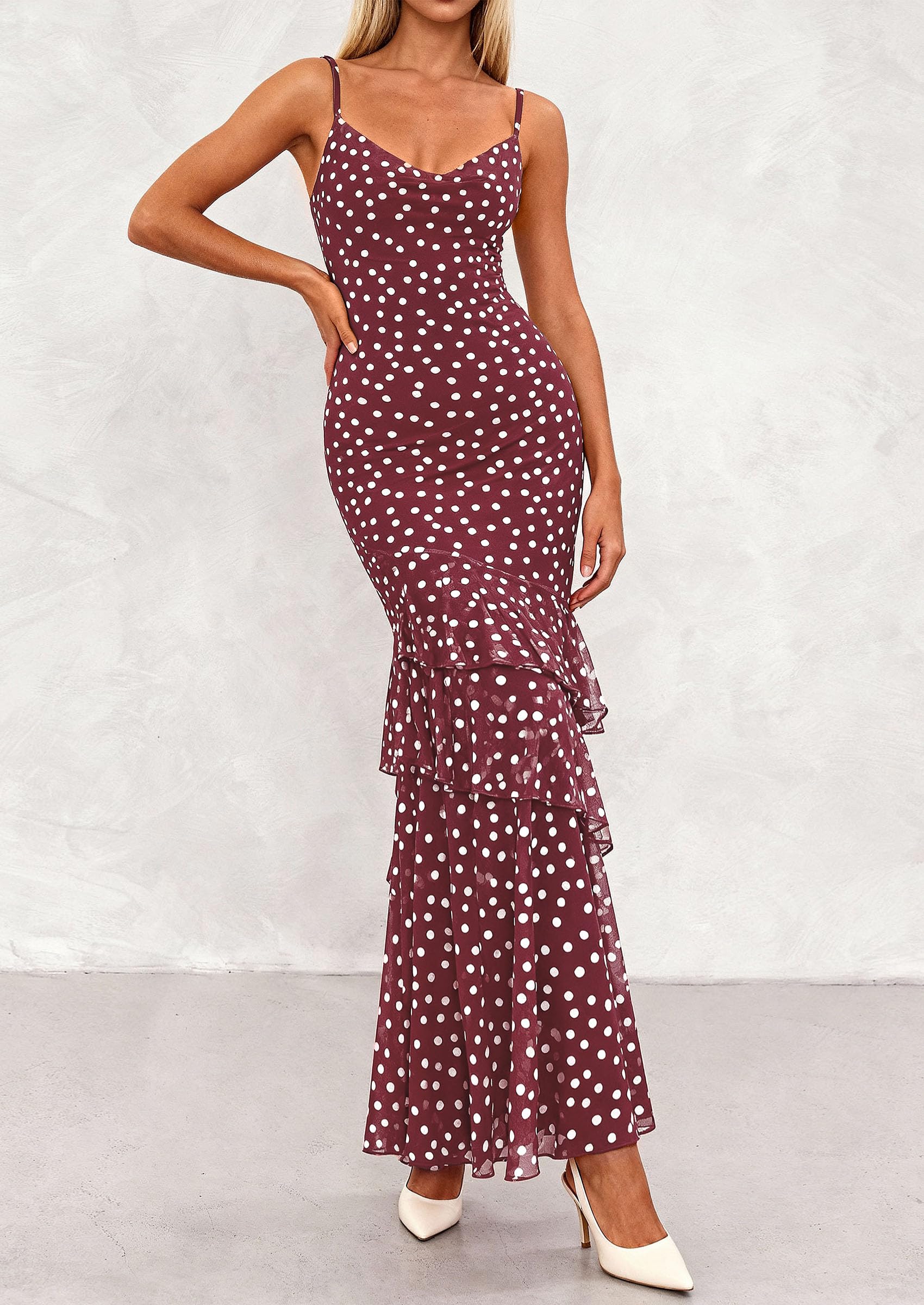 Women's Boho Floral Tiered Maxi Dress,01 Dot Burgundy White,XS