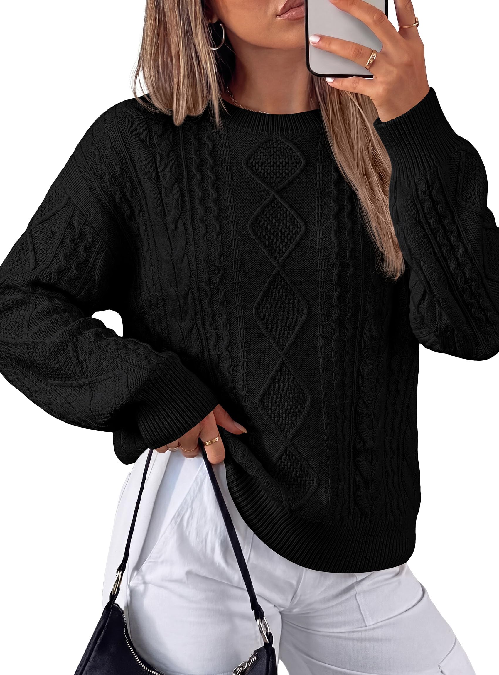 Women's Crewneck Cable Knit Sweater Pullover Tops Black