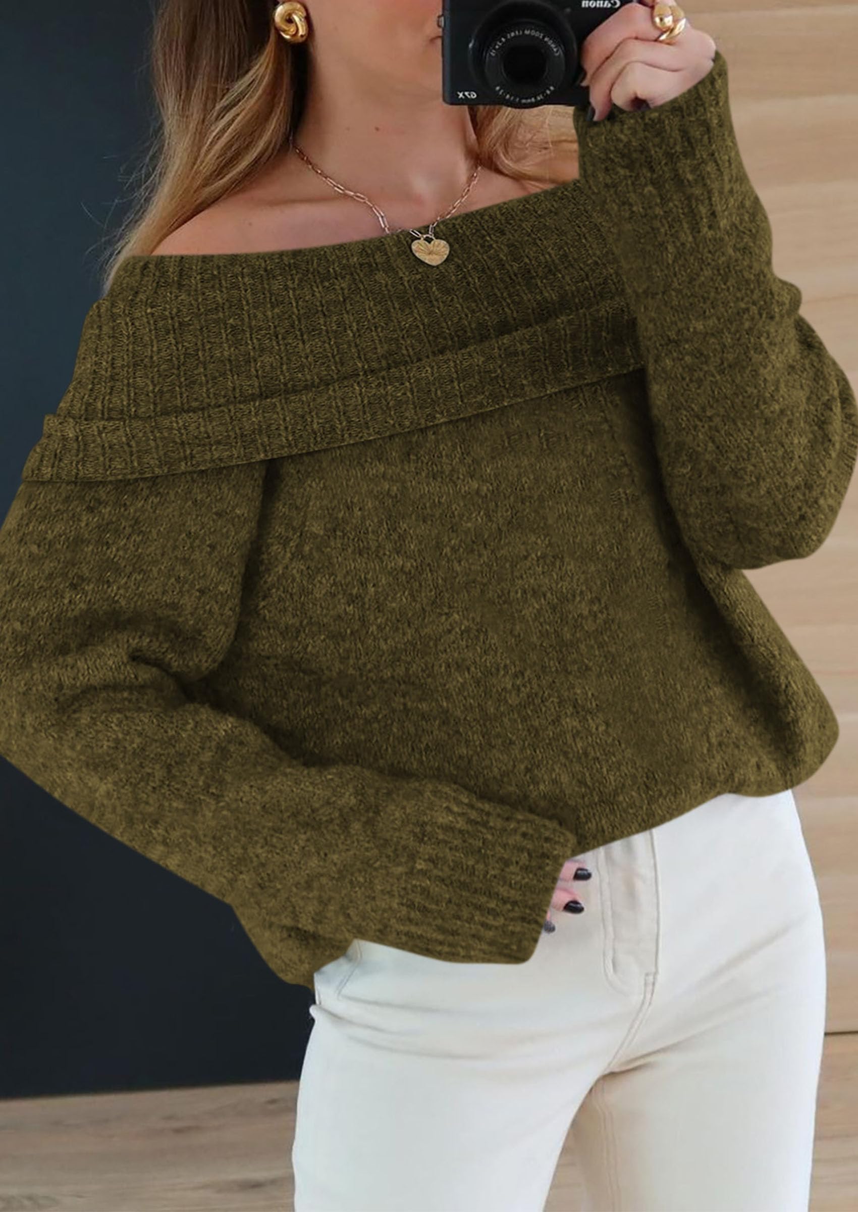 Women's Fall Off The Shoulder Sweater,Army Green,S