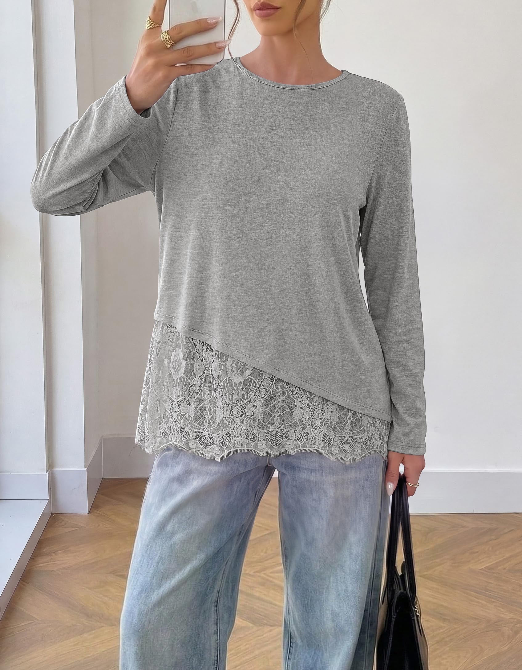 Women's Lace Patchwork Long Sleeve Shirts,Grey,S