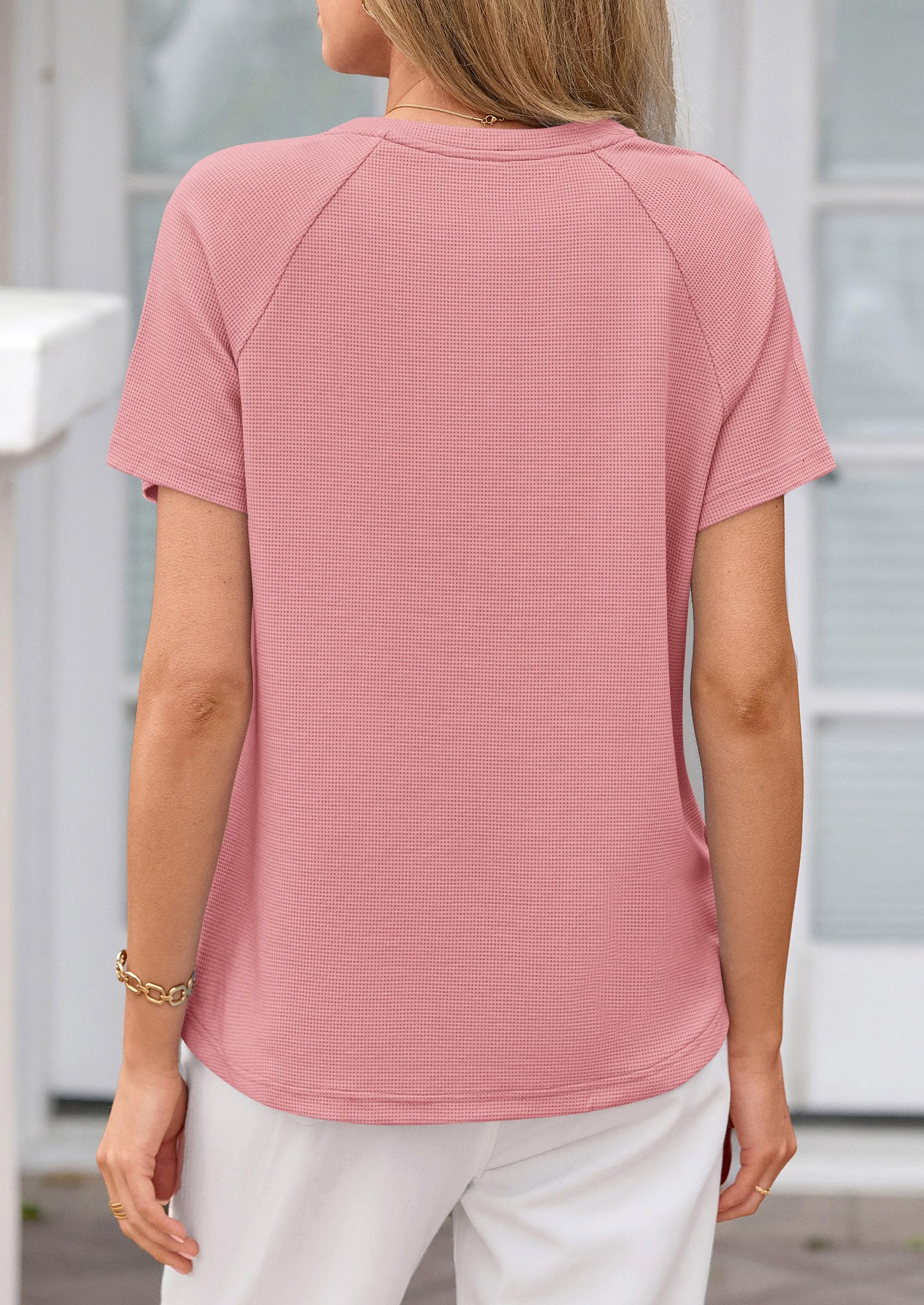 Women's Short Sleeve Waffle Knit Henley Shirts, Pink,S