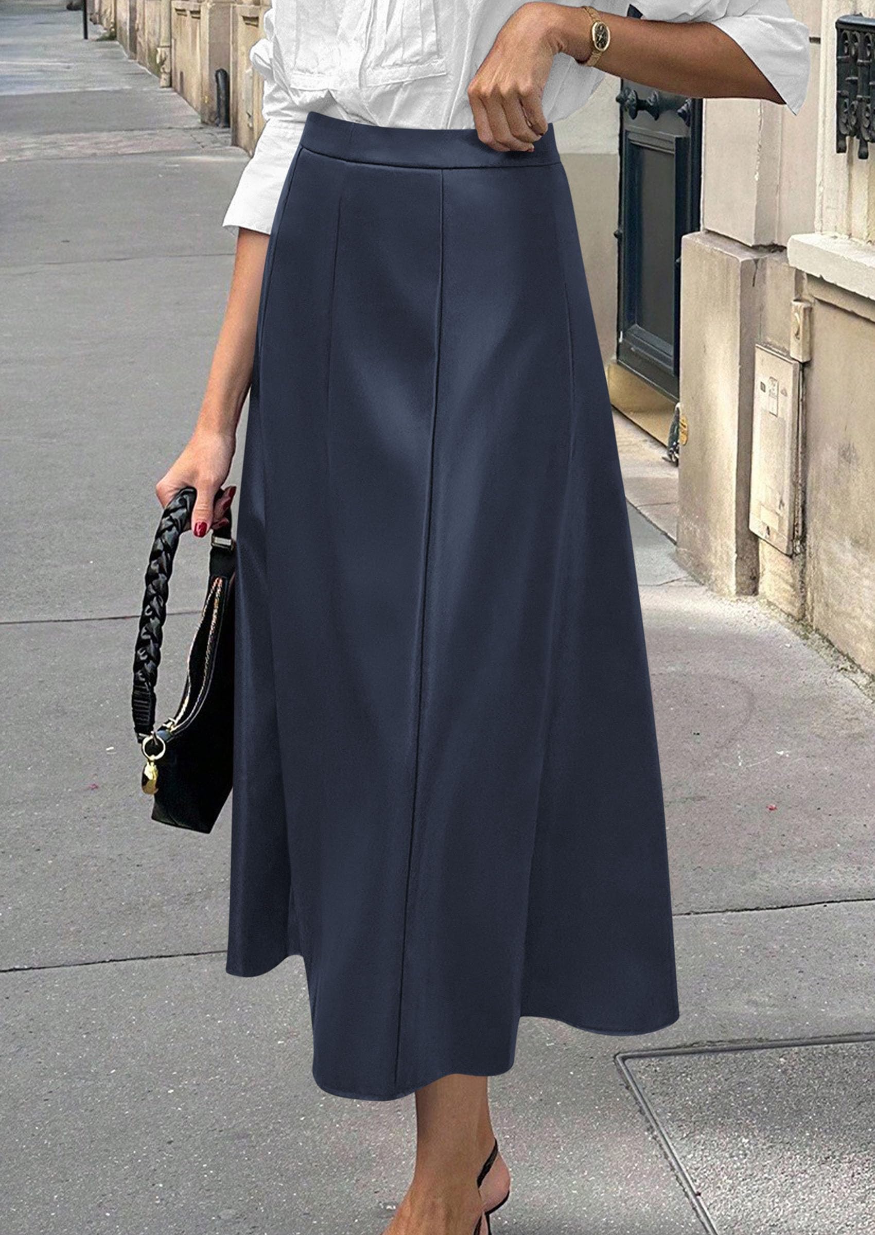 Womens Faux Leather High Waisted Midi Skirt,Navy,S