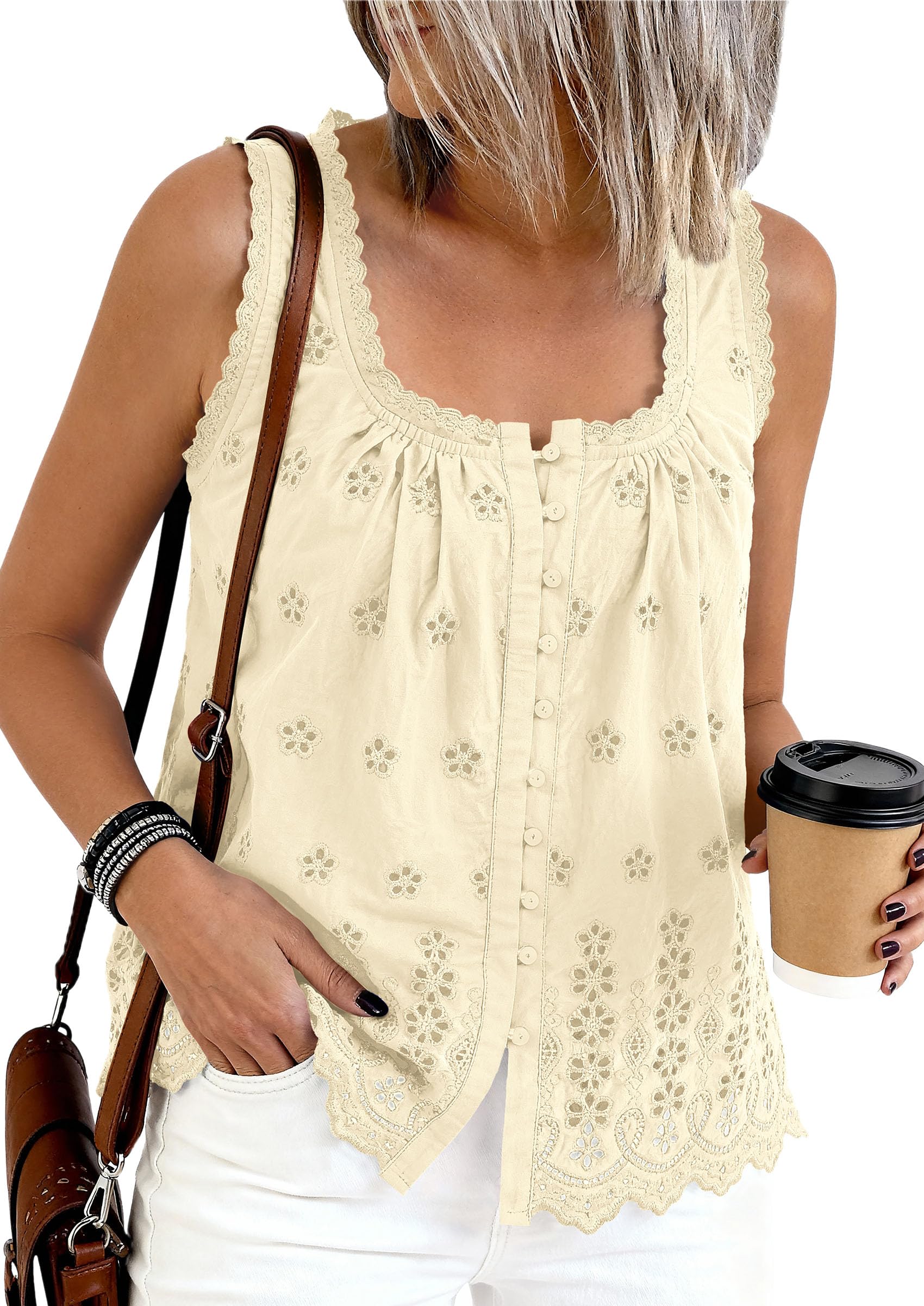 Women's Lace Tank Top Embroidery Eyelet Blouses,Beige,S
