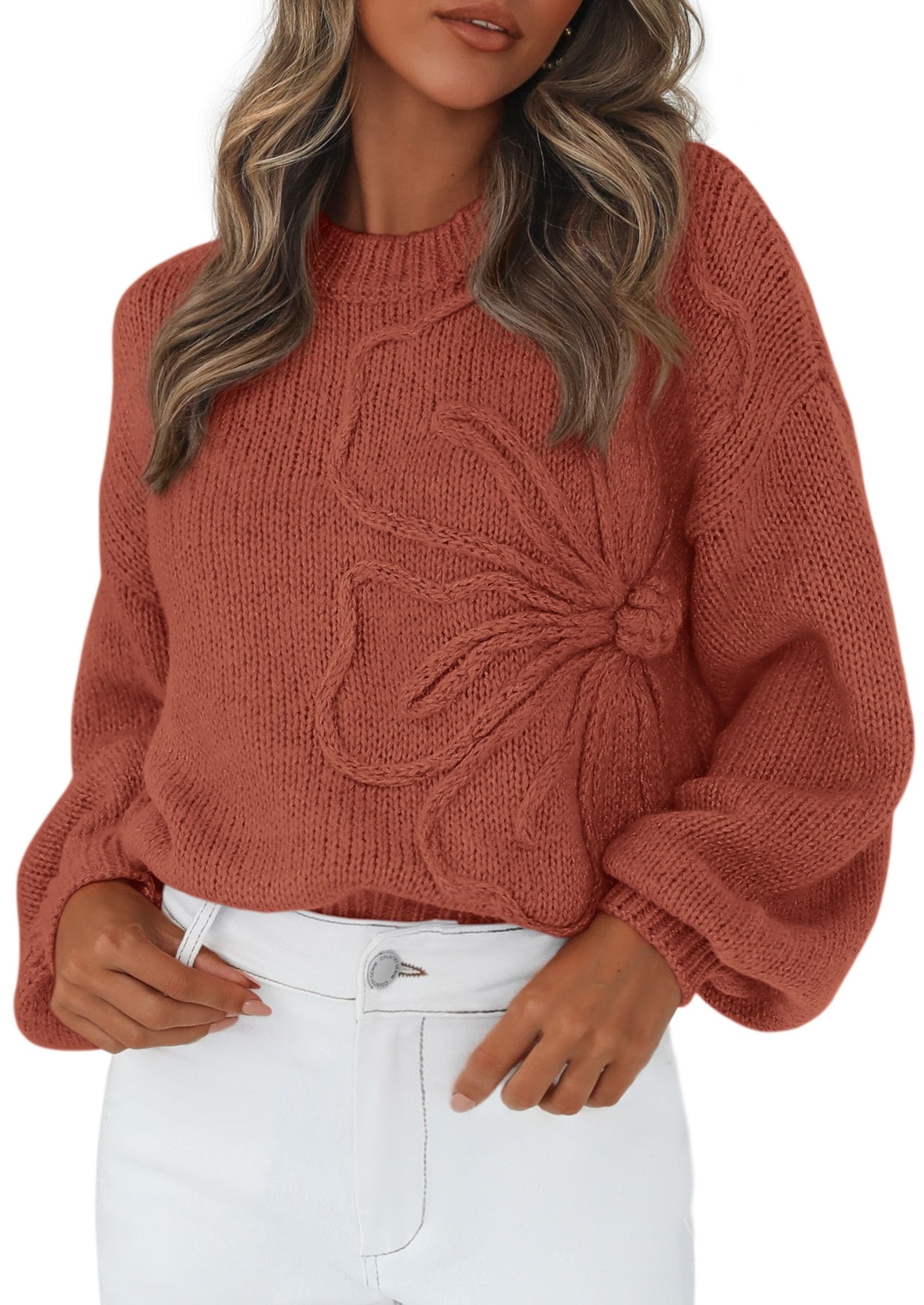 Women's Oversized 3D Floral Knit Sweater,Red Brown,M