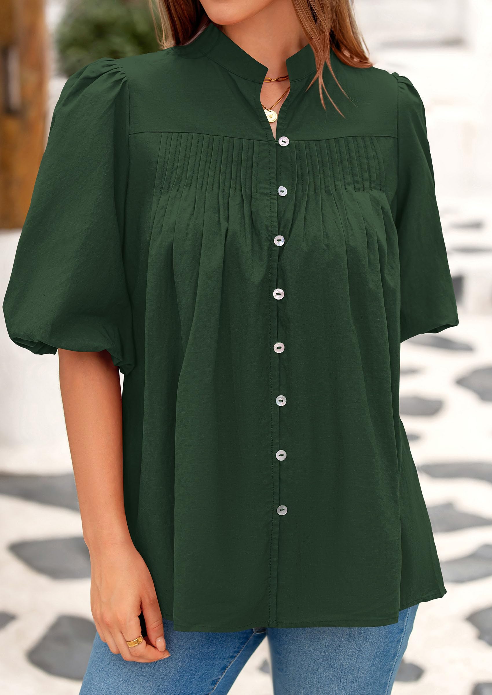 Short Sleeve Henley Shirts for Women,Dark Green,S