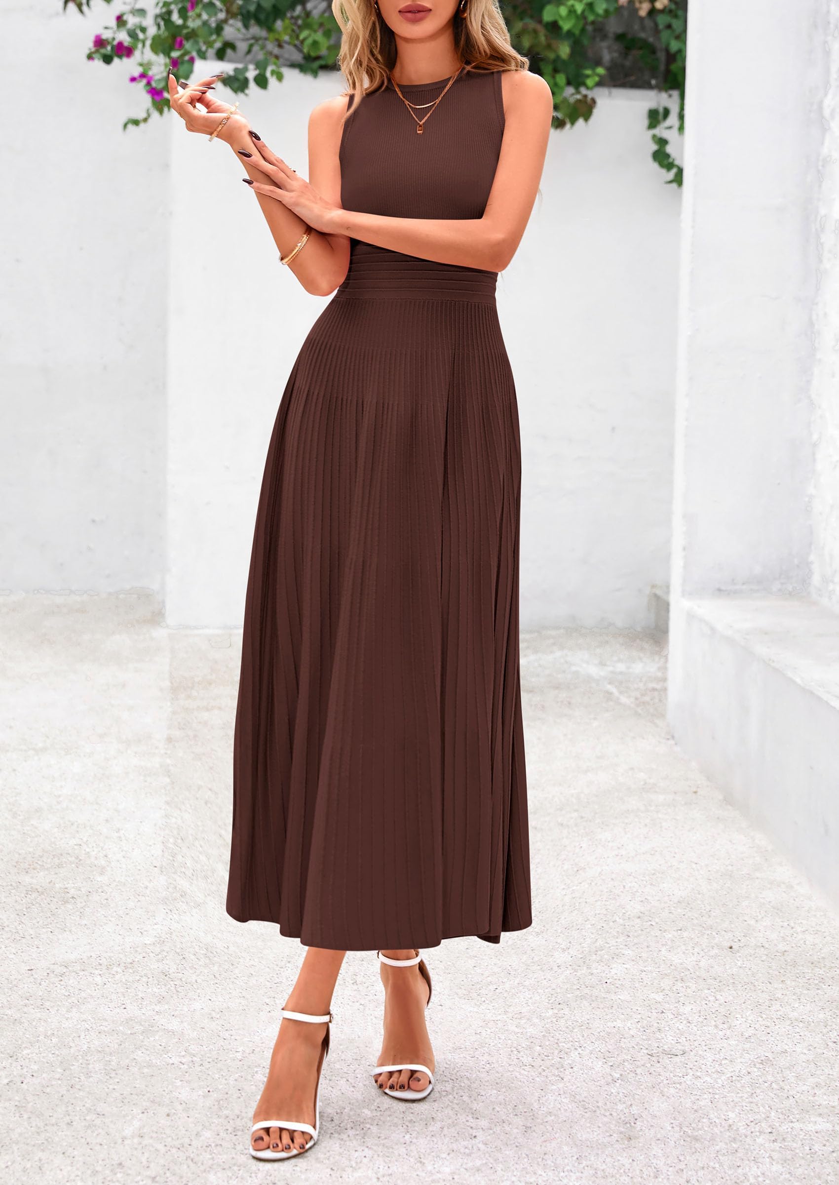 Women's Summer Pleated Midi Work Dress,Brown,S