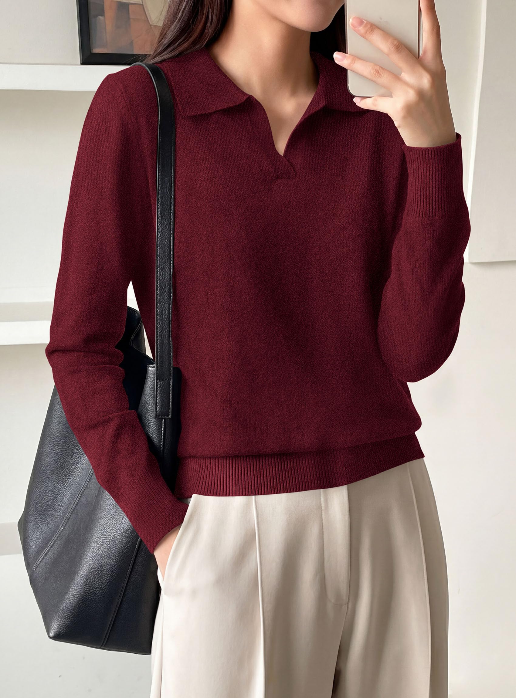 Womens Long Sleeve Collared Polo Sweater,Wine Red,S