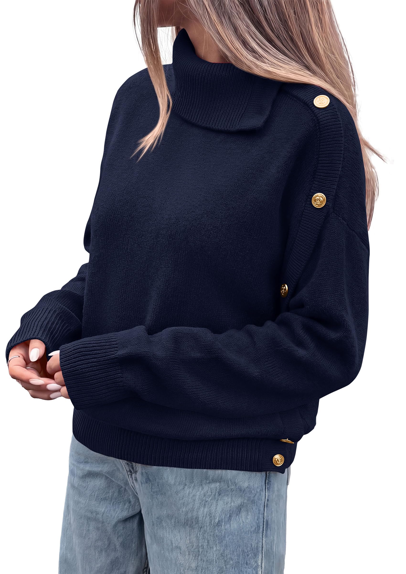 Womens Turtleneck Sweater Pullover Side Button Fall Clothes