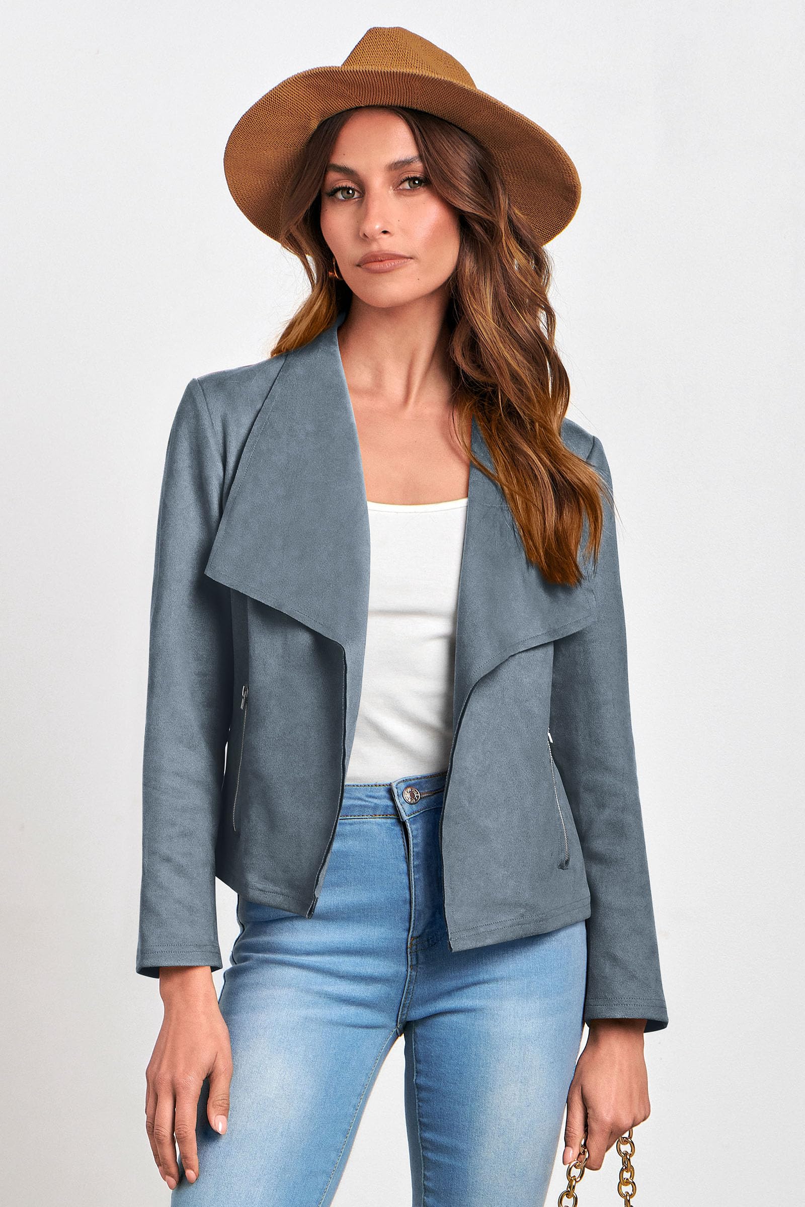 Women's Fall Fashion Faux Suede Jackets(Grey Blue,Small)