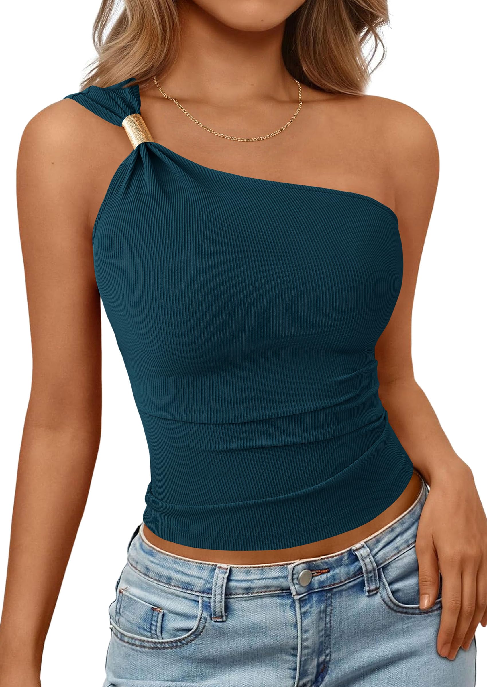 Women's Asymmetrical One Shoulder Y2K Tops, Lake Blue,L