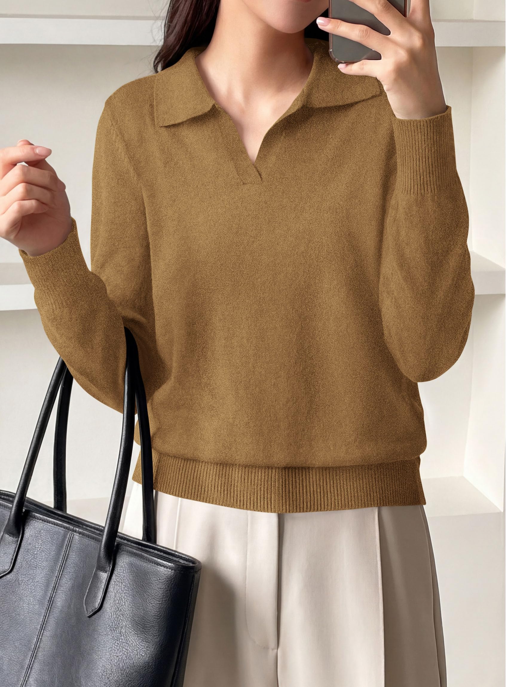 Womens Long Sleeve Collared Polo Sweater,Khaki,S