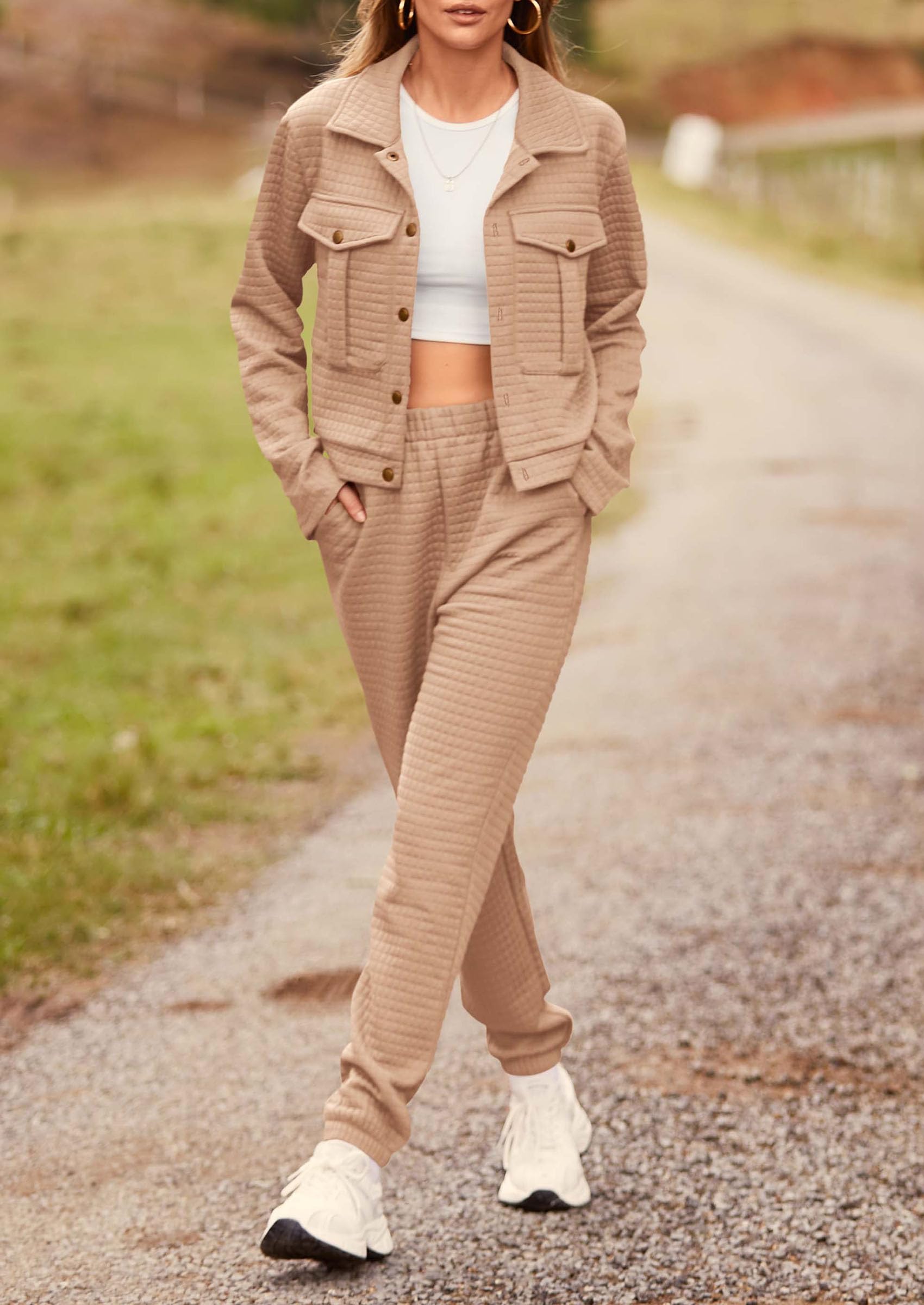 Women's 2 Piece Matching Lounge Sets Tracksuit,Dark Khaki,S