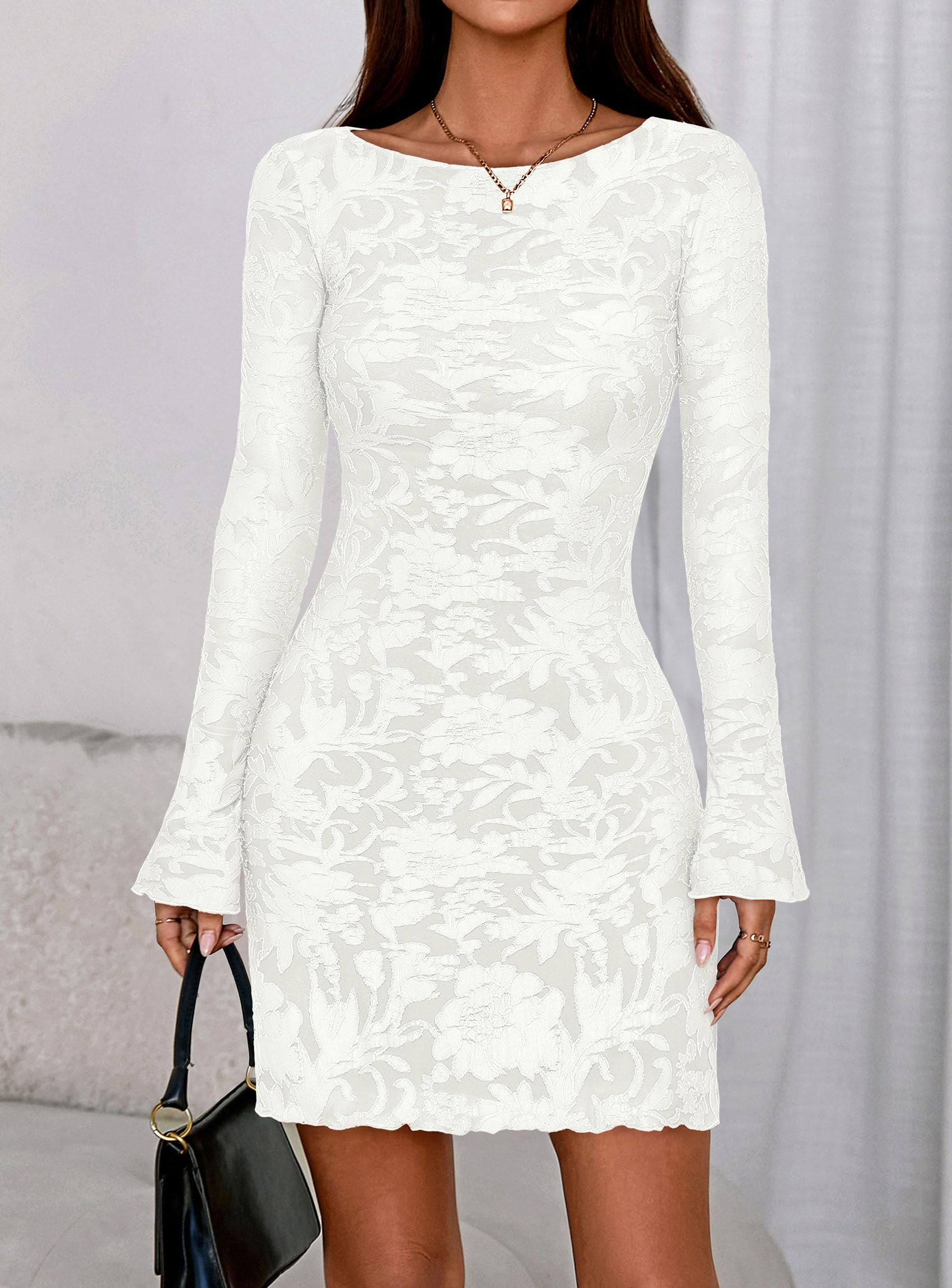 Women's Fall Floral Long Sleeve Mini Dress (Floral White,XS)