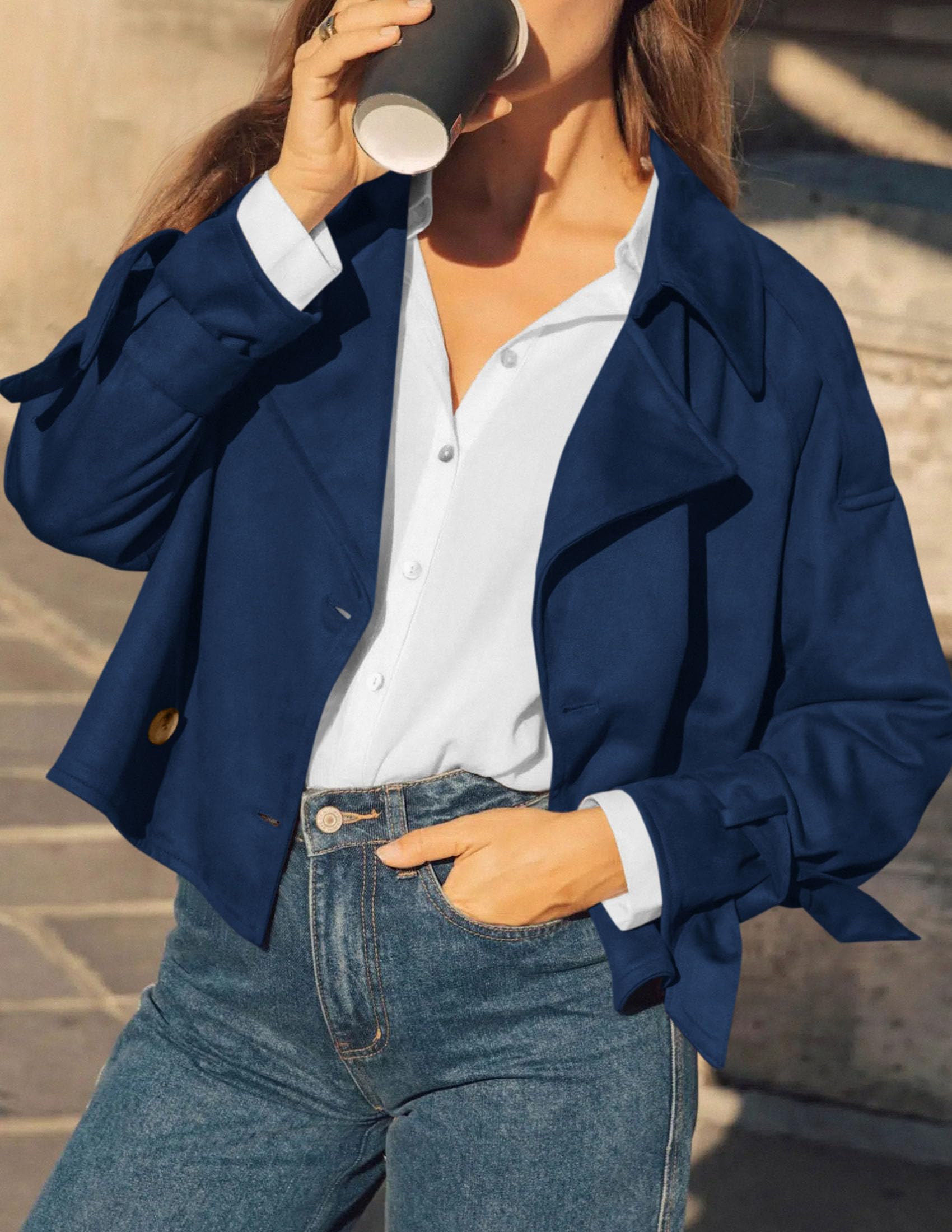 Women Faux Suede Double Breasted Trench Coat Cropped Jackets
