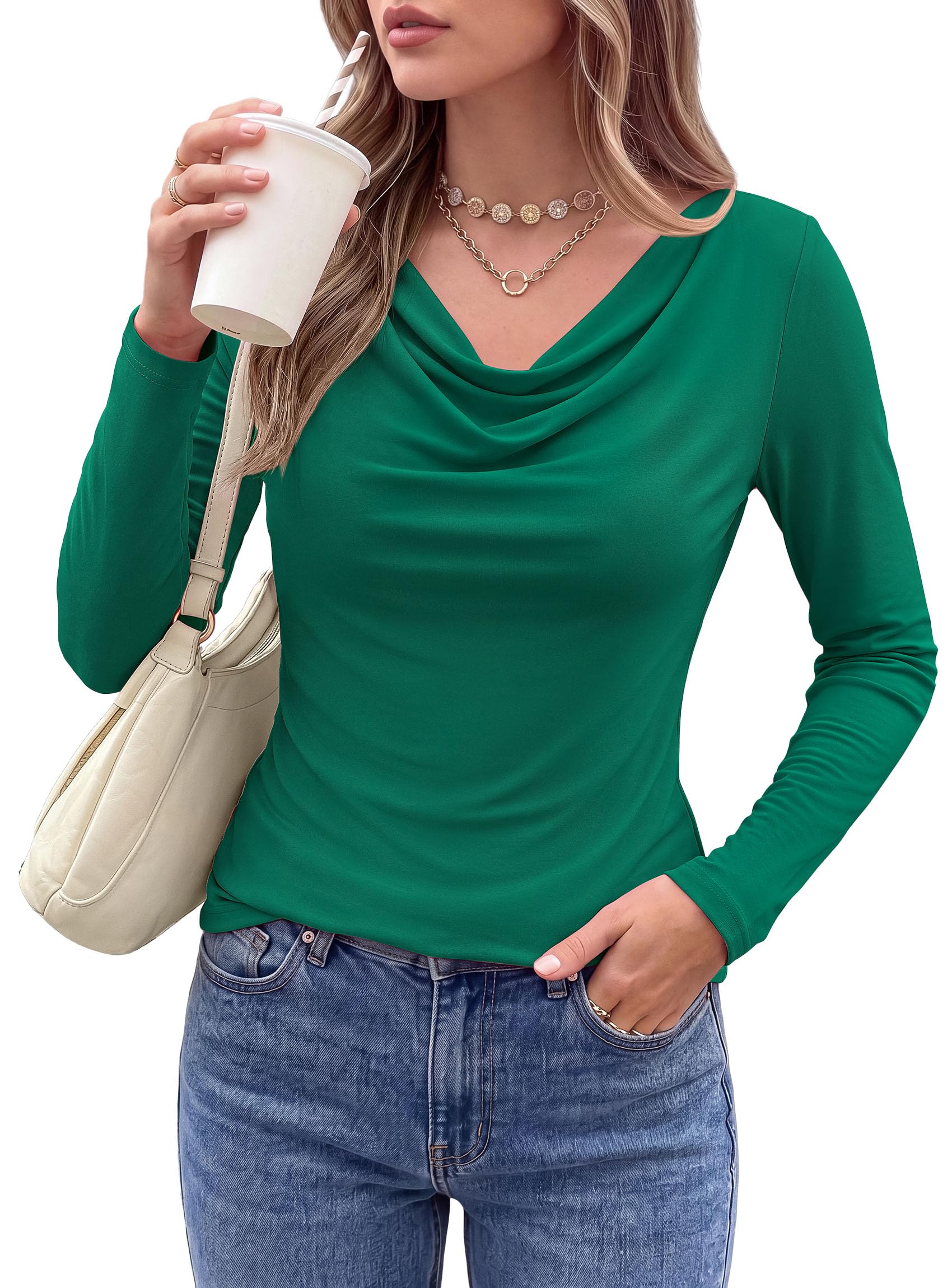 Cowl Neck Tops for Women Fashion Long Sleeve Shirt Dark Green