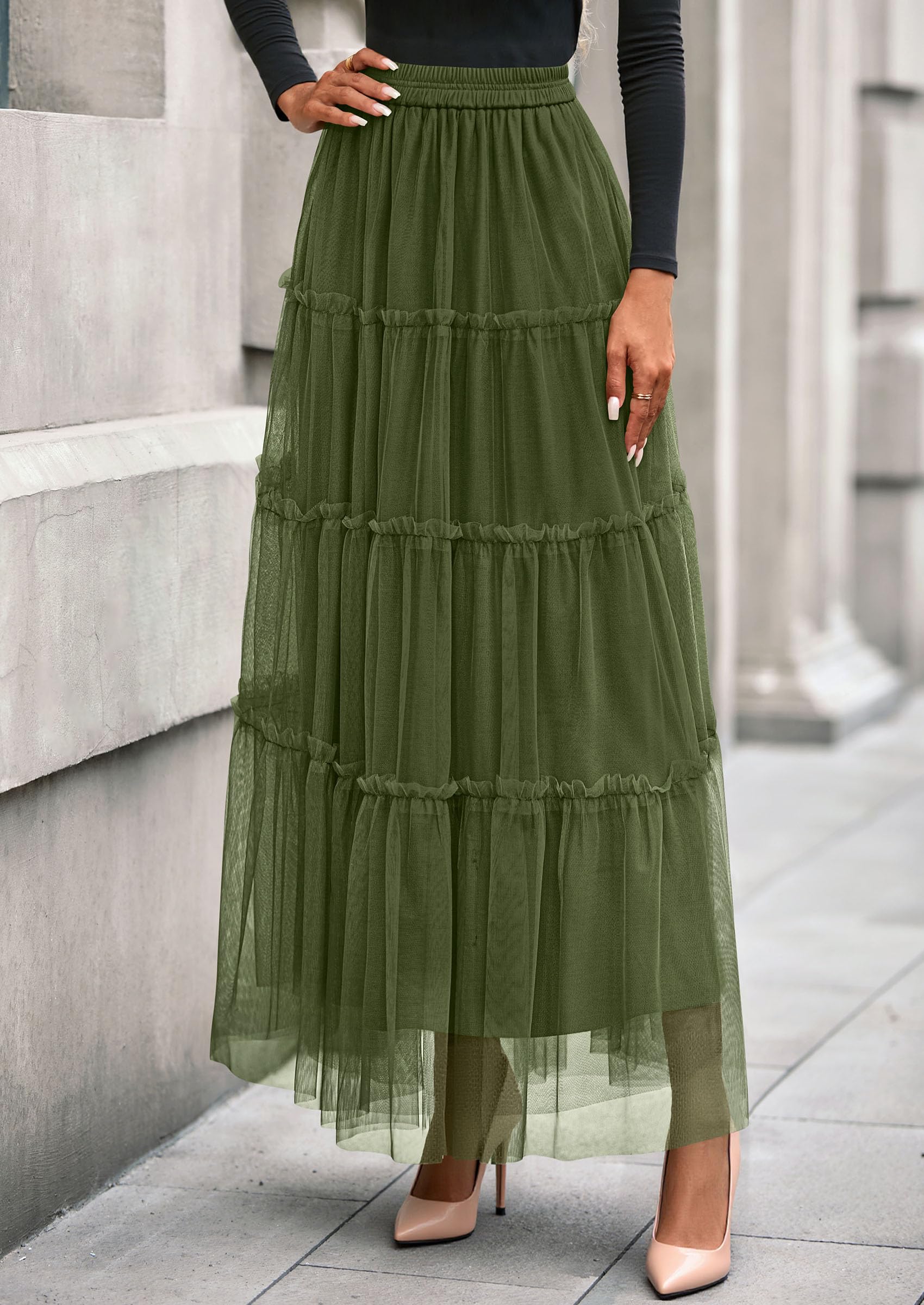 Women's Fall Soft Tulle Tiered Long Skirt,Army Green,S