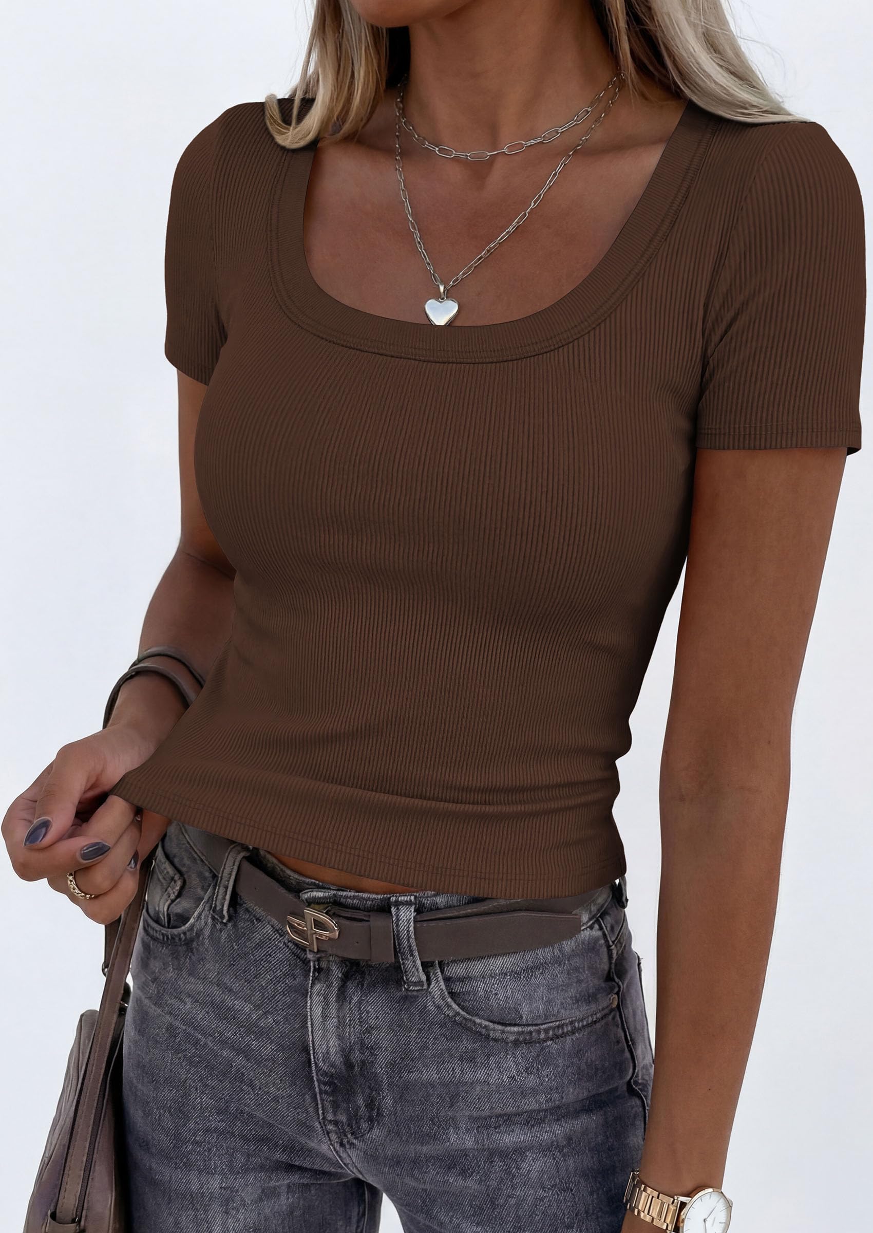 Womens Summer Short Sleeve Scoop Neck Tops,Coffee,S
