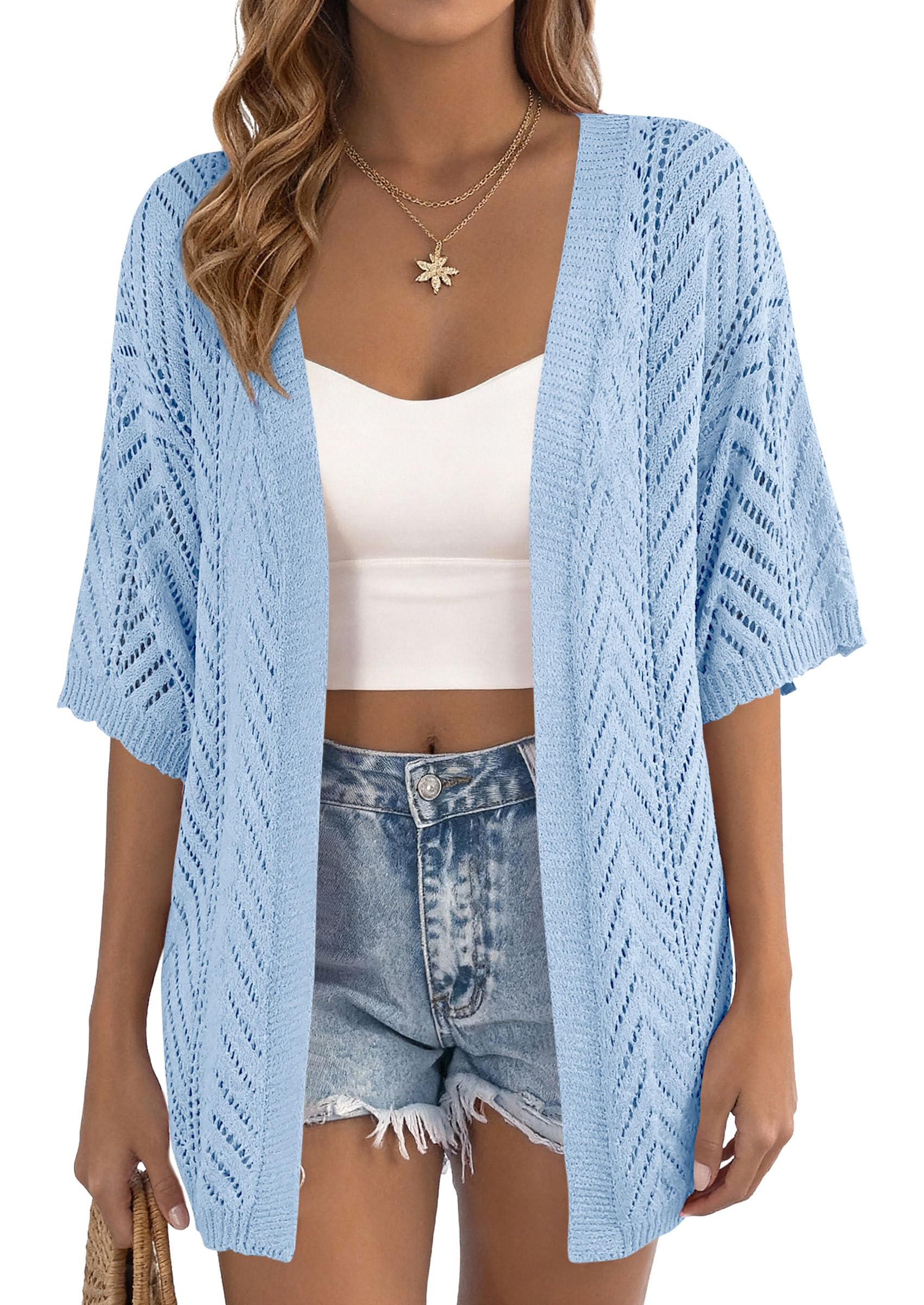 Women Lightweight Summer Short Sleeve Cardigan, Light Blue,S