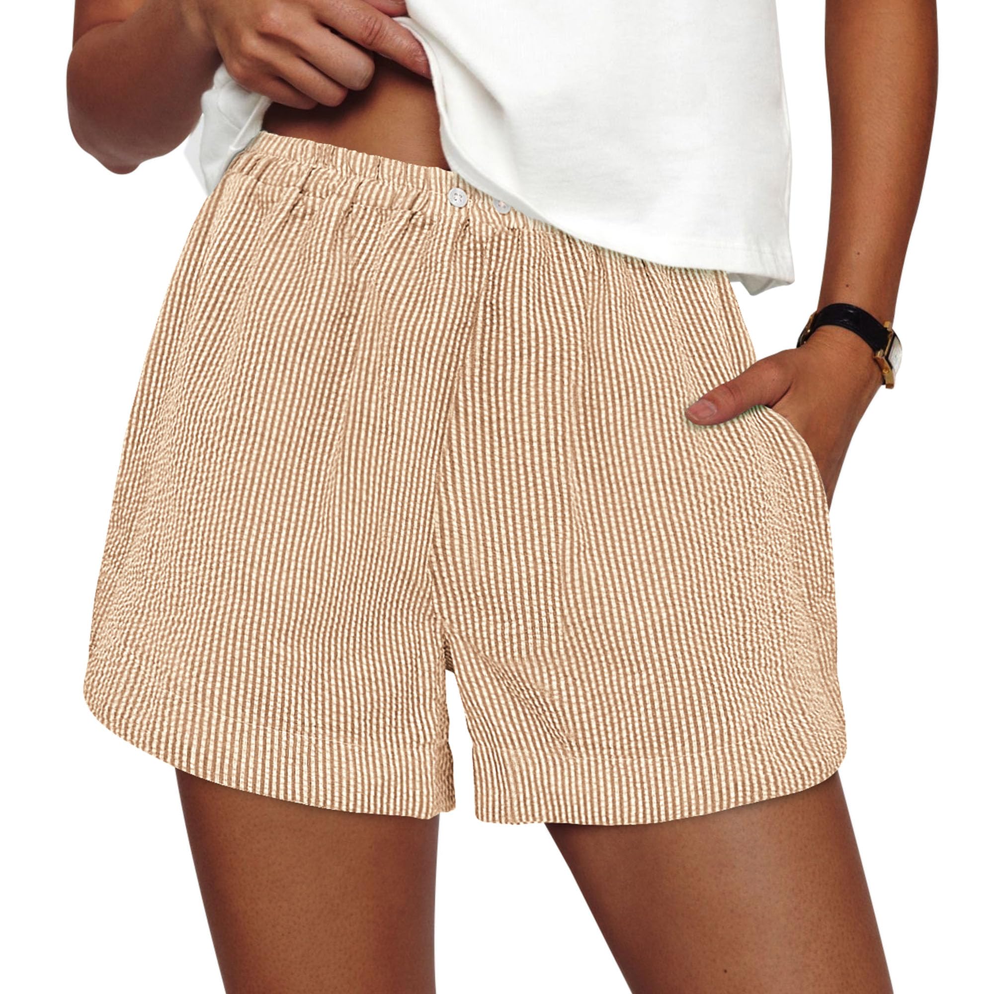 Women's Summer Striped Boxer Shorts, Striped Khaki White,S
