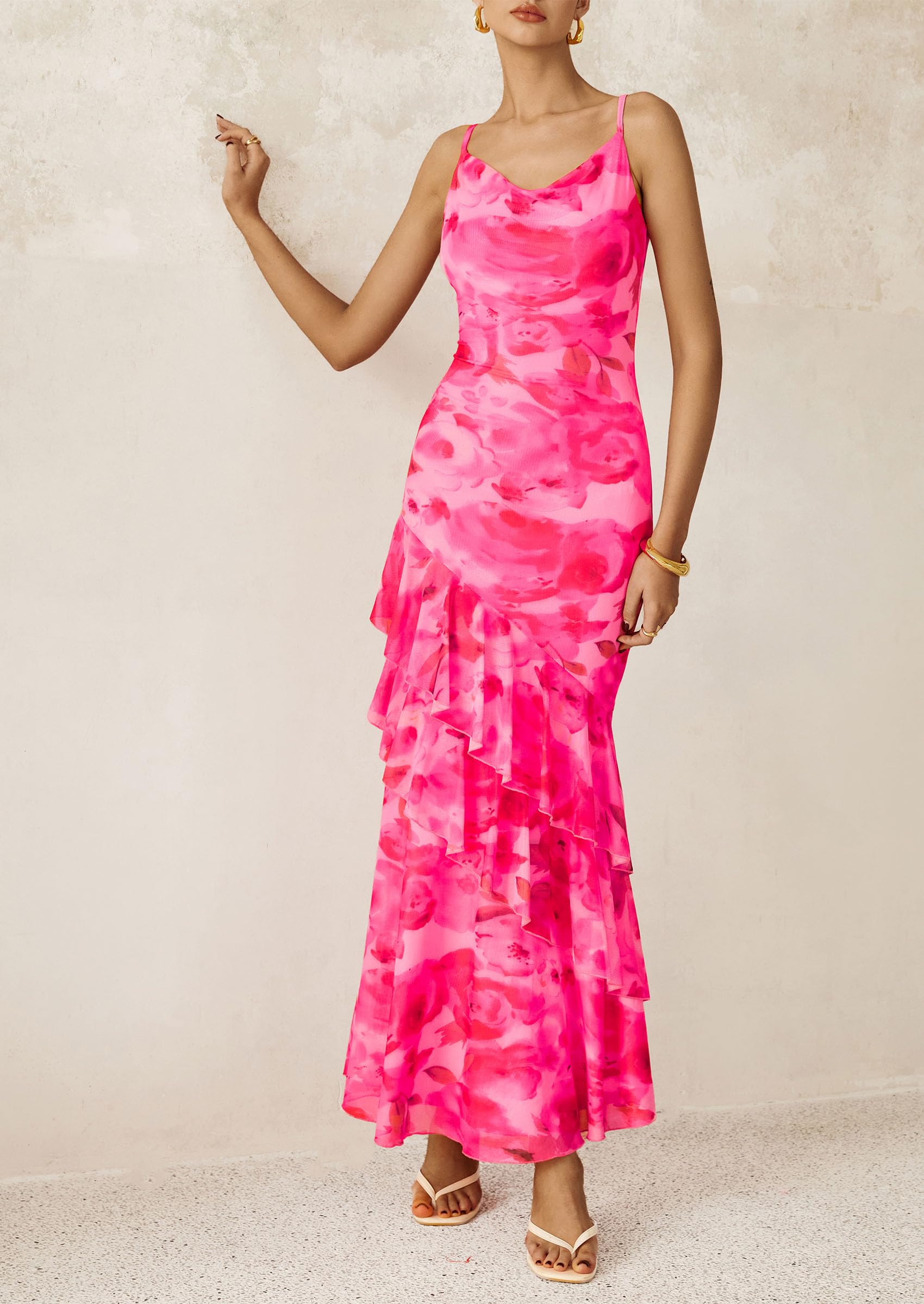 Women's Boho Floral Tiered Maxi Dress, Print Pink,M