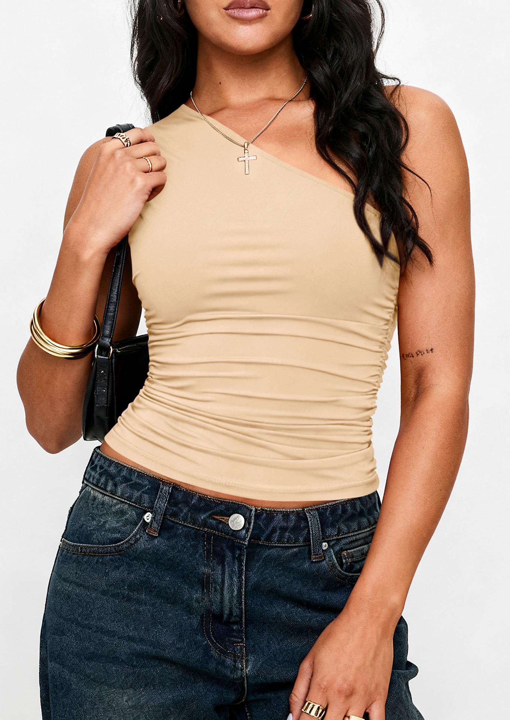 Womens Sleeveless One Shoulder Fitted Y2k Tops,Light Khaki,XS