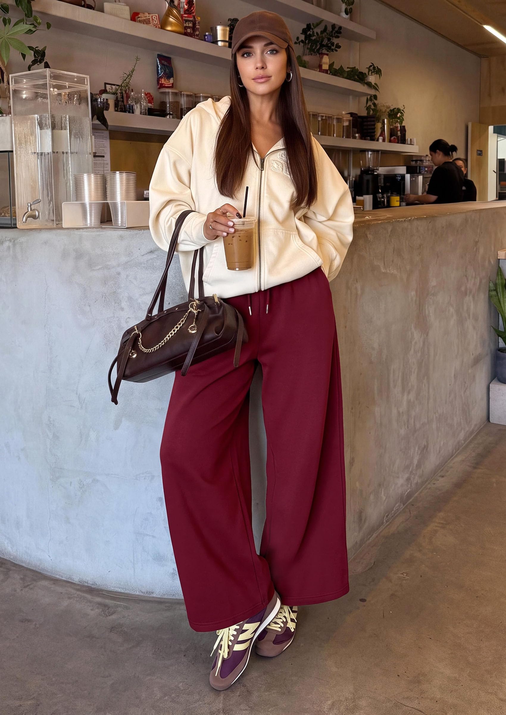 Womens Wide Leg Sweatpants Fleece Fall Sweat Pants,Wine Red