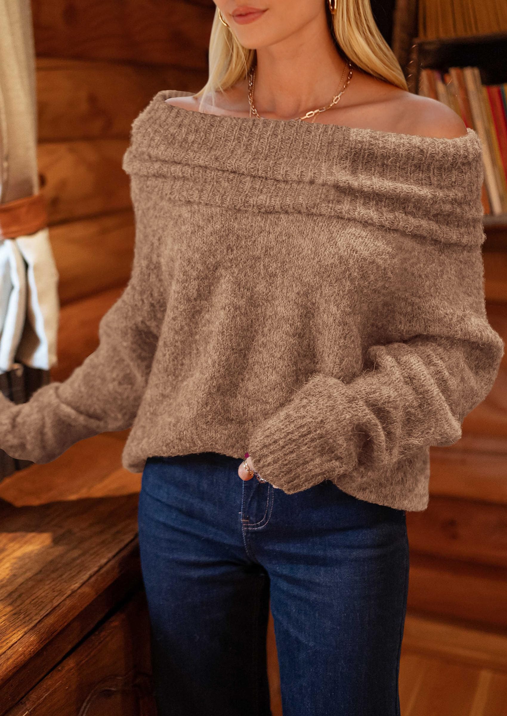 Women's Fall Off The Shoulder Sweater,Camel,S