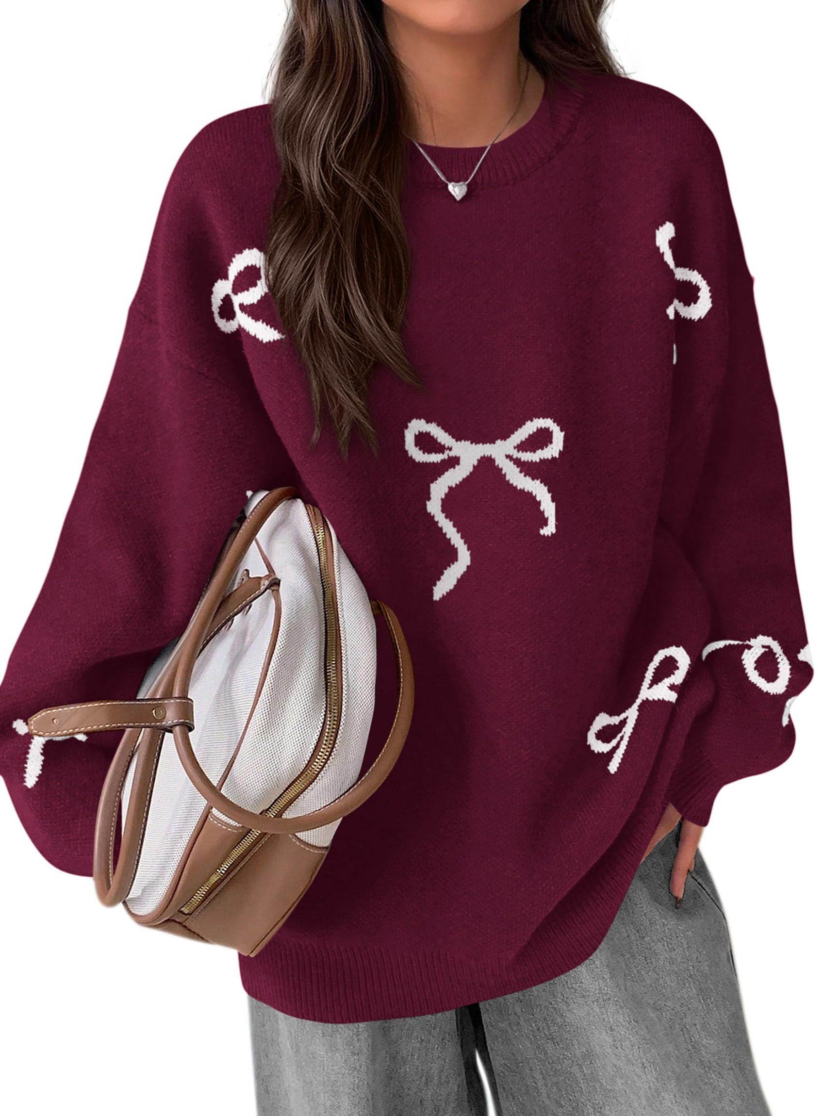 Fall Long Sleeve Pullover Sweaters for Women 2026 Trendy Crewneck Casual Cute Bow Chunky Knit Oversized Sweater (Wine Red,Small)